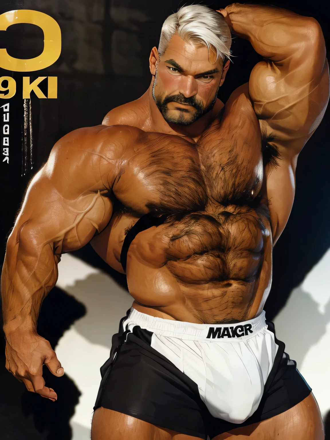 (magazine cover), with text, solo, 1boy, (Huge Muscular Old man as a boxer , wearing shorts, and tank top) (short hair, 2tone hair color, two tone hair colors, black and white hair color), pectoral, abnormal muscle size, very big muscle, absurdly muscle size, huge pectoral, wide pectoral, short white hair, short bearded, simple background, masterpiece, high detailed, 8k, high resolution, --style 250, -- v 6.0