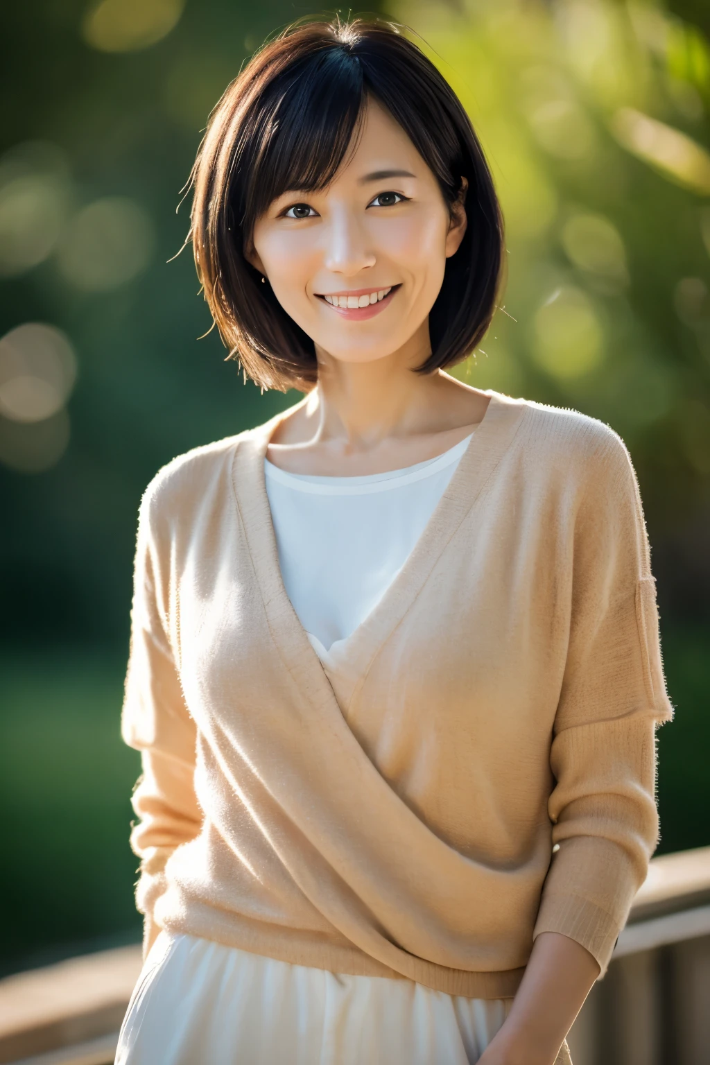 portrait, 8K, high quality, realistic photo image, Japanese woman, 40 years old, neat and clean wife, housewife, lovely wife, small breasts, very thin waist, reproduce natural and realistic eyes, cute face, detailed face, smile, beautiful black hair, octane rendering, beautiful lighting, golden ratio composition, casual clothes, sober clothes, casual attire, natural background, blurred background, light makeup, mature woman, background blur