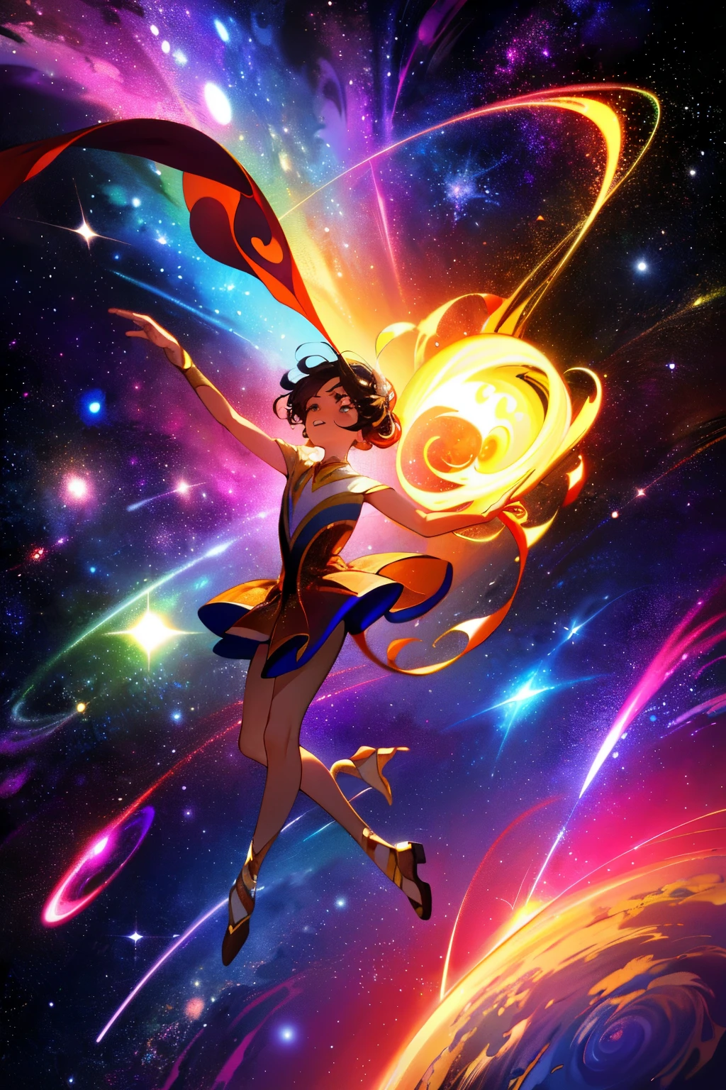 Capture the essence of a cosmic dance: depict a breathtaking celestial ballet where stars twirl in a radiant dance, galaxies spin in a mesmerizing waltz, and nebulae pirouette in a vibrant display of color and motion. Let your imagination soar across the canvas as you bring to life the beauty and wonder of the universe in a single, awe-inspiring masterpiece. Galaxies swirl in a twirling dance, their spiral arms reaching out and entwining like dancers in a ballet. Stars, like precious gems, scatter across the canvas, their shimmering light reflecting off the swirling galaxies. Nebulae