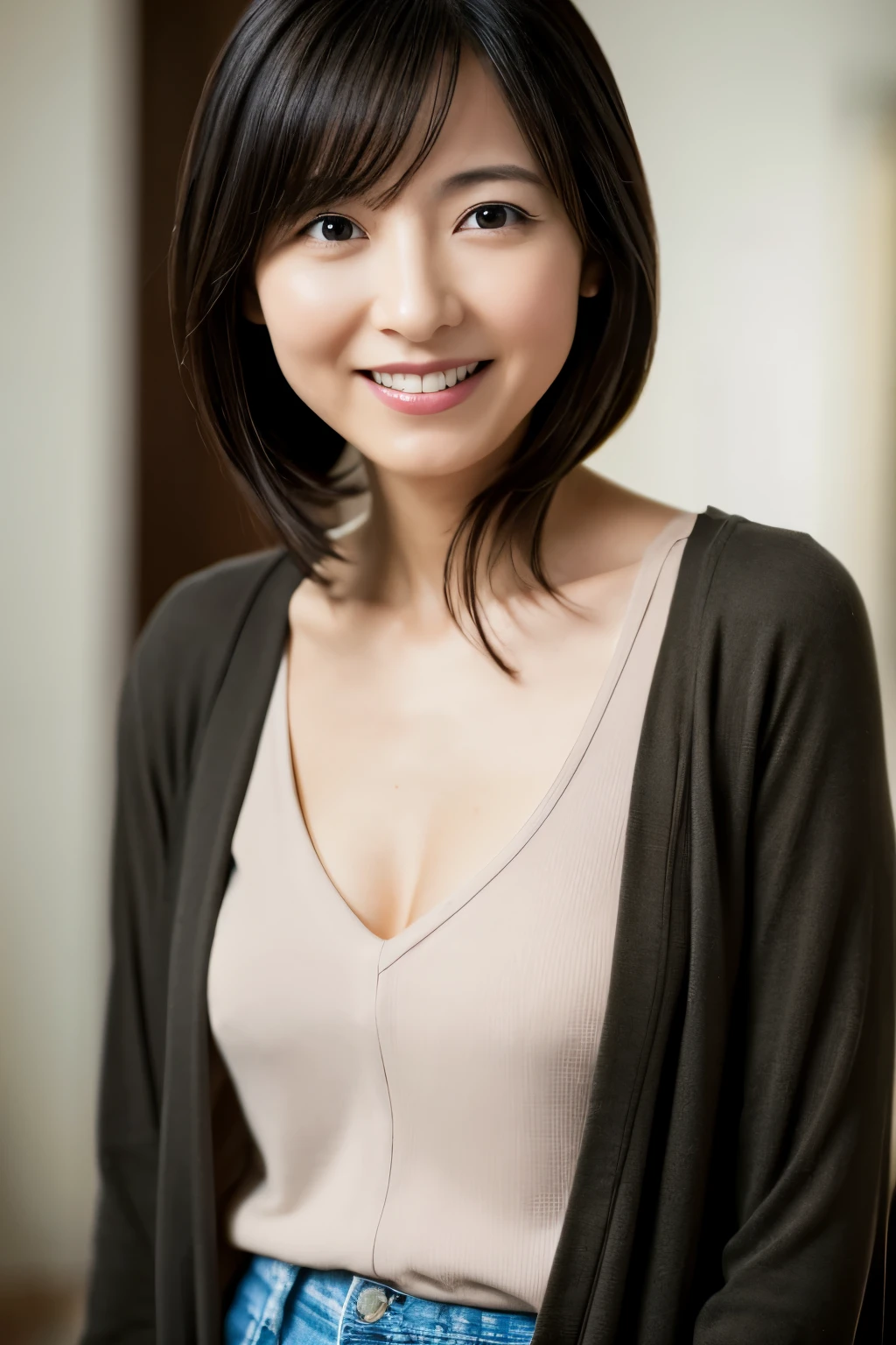 portrait, 8K, high quality, realistic photo image, Japanese woman, 40 years old, neat and clean wife, housewife, lovely wife, small breasts, very thin waist, reproduce natural and realistic eyes, cute face, detailed face, smile, beautiful black hair, octane rendering, beautiful lighting, golden ratio composition, casual clothes, sober clothes, casual attire, natural background, blurred background, light makeup, mature woman, background blur