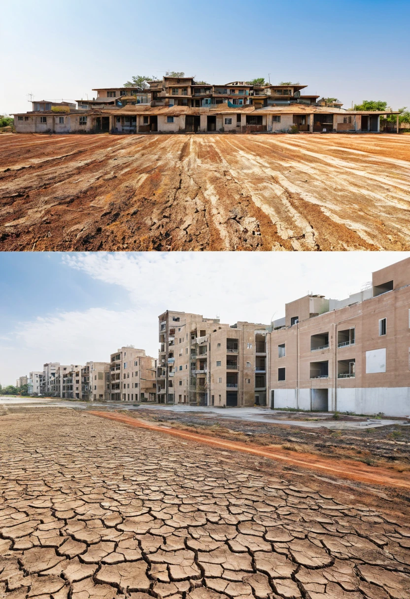Nature half image, dried land with lot buildings half image