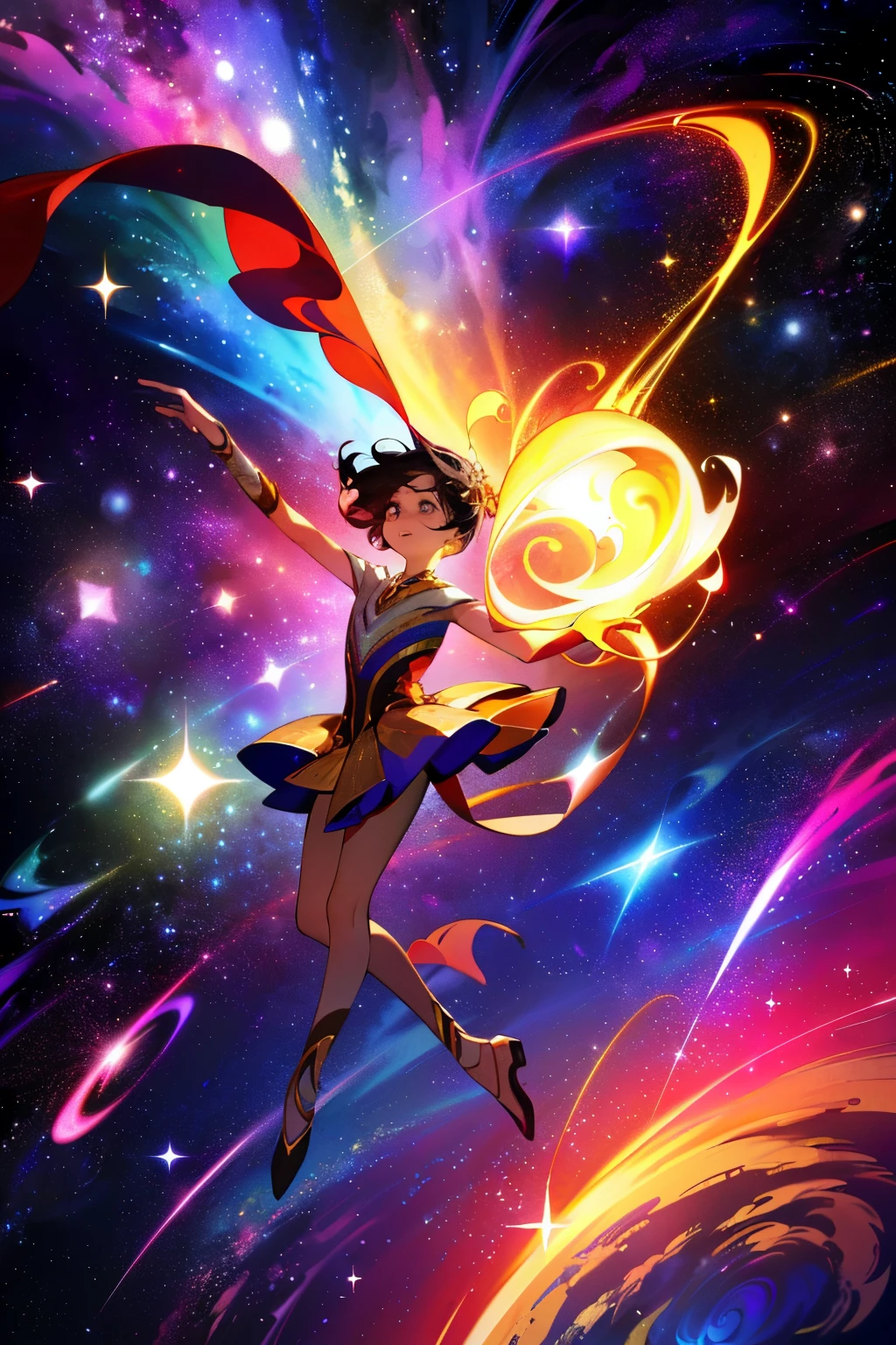 Capture the essence of a cosmic dance: depict a breathtaking celestial ballet where stars twirl in a radiant dance, galaxies spin in a mesmerizing waltz, and nebulae pirouette in a vibrant display of color and motion. Let your imagination soar across the canvas as you bring to life the beauty and wonder of the universe in a single, awe-inspiring masterpiece. Galaxies swirl in a twirling dance, their spiral arms reaching out and entwining like dancers in a ballet. Stars, like precious gems, scatter across the canvas, their shimmering light reflecting off the swirling galaxies. Nebulae