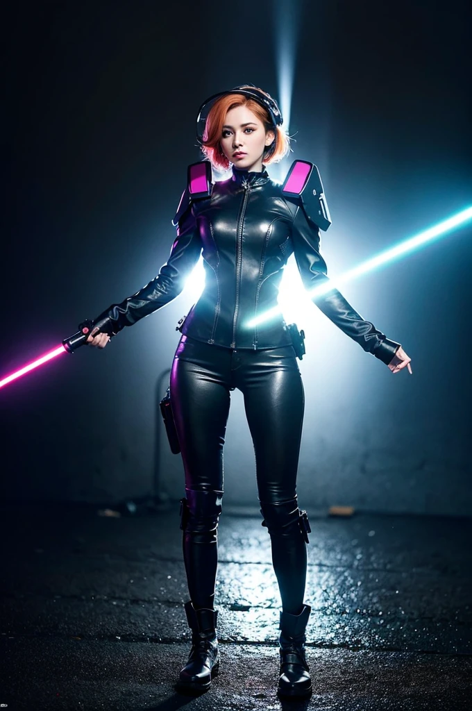full-body shot, Sharp ratio shots, Beautiful woman, 26 years old, Wearing modern tight bulletproof leather jacket, Wear body armor, black and gray, The armor comes with a retractable metal headdress,Symbolizes the helmet, With a futuristic metal backpack, Wielding a laser gun, short hair, Orange Hair, Shaved sides, hyper realistic face, Very detailed, blue eyes, vivid colors, dramatic colors, Vaporwave, colorful, art drama, Light Particles, Halo, Looking at the audience, (Bioluminescence: 0.95) ocean, Bioluminescence, The clear light, celestial Bioluminescence eyes, Energetic, ((color)))), (Highly detailed CG 8k Unity wallpaper), (best quality), (Best Illustration), (The best shadow), ridiculous, Realistic lighting