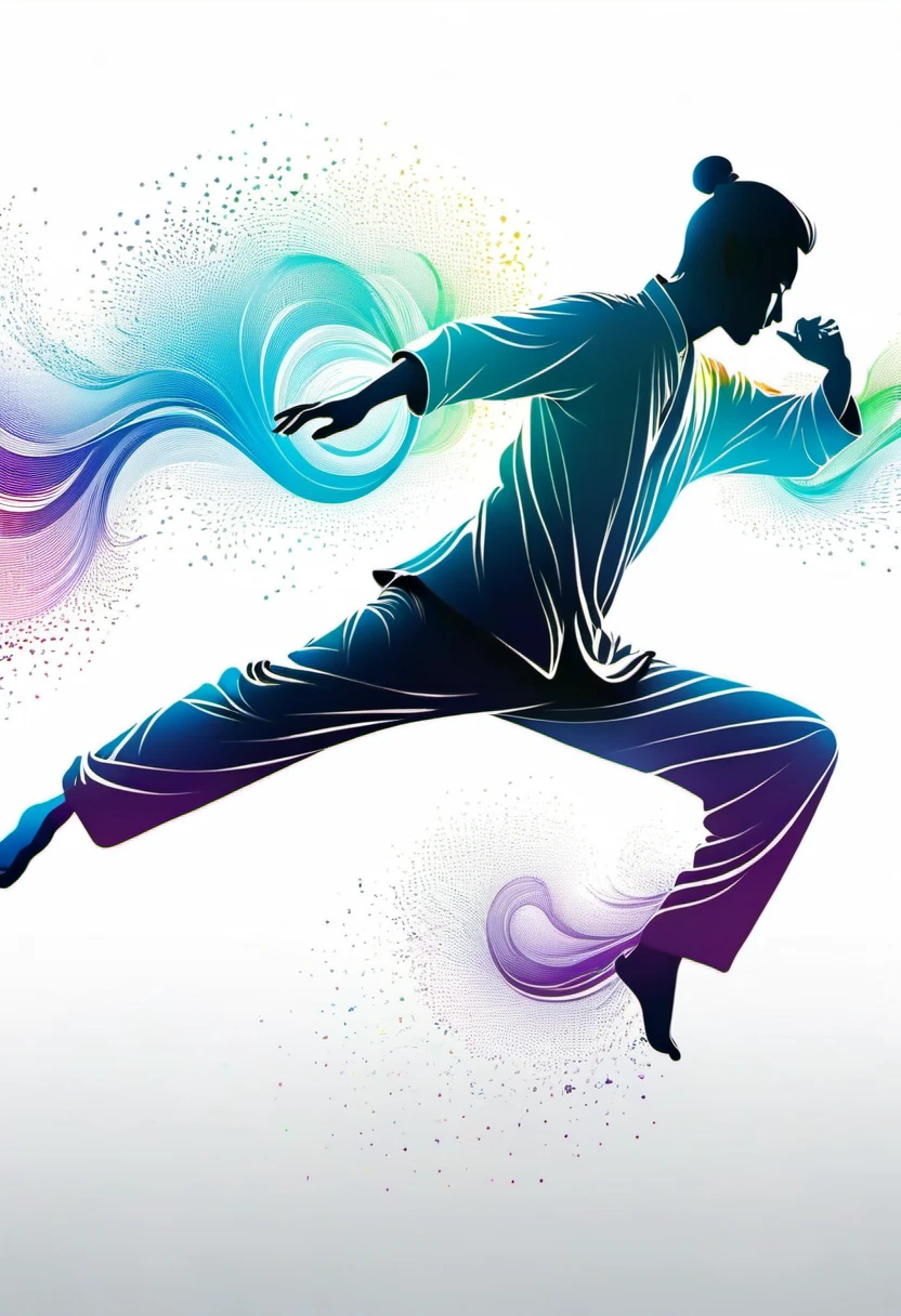 Anatomically correct man doing Tai Chi wearing Chinese clothes( Dynamic poses) Simple textured silhouette graphic masterpiece, Beautiful detailed ultra high definition beautiful artistic man side view view (Simple silhouette) Create a light gradient on a white background, a smooth and speedy dynamic blur, a psychedelic, illusory and erratic dynamic, a light gradient ink with a smooth sense of ink splashing, a flowing gradient with a sense of speed, high-definition and meticulous master art, vector art effects, flowing gradient ink, etc. Elements bring a vivid and unique atmosphere to the work. Light and shadow effects. The effect of using light and shadow in vector art.,Create a sense of three-dimensionality and dynamics using simplicity in vector art、Pure expression,