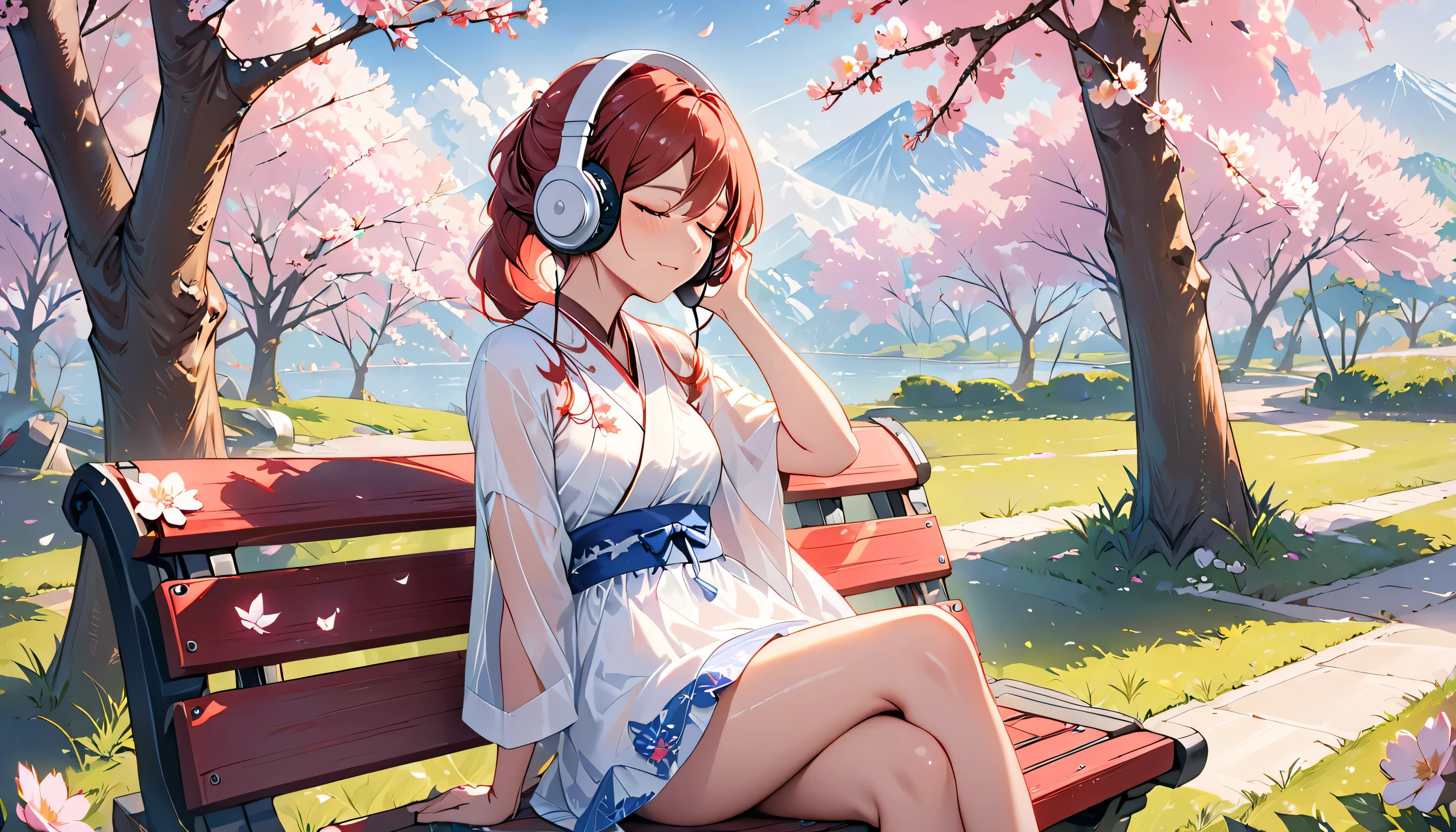 ((best quality)), ((masterpiece)), (detailed), perfect face, sitting under the cherry blossom tree, listening to music, One woman, wearing headphones, eyes closed, wearing underwear, underwear is transparent, sitting on a bench