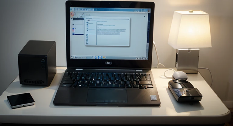 Create an image of a computer on a table, with keyboard, in bright colors.