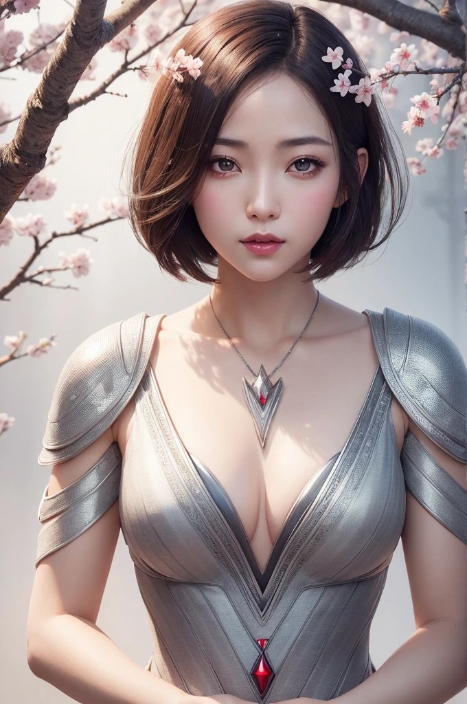Beautiful Japan young woman, Wearing silver protective suit, Thick symmetry features, very short hair, Background with cherry blossoms, pink halo, red lips, Octane Rendering,
