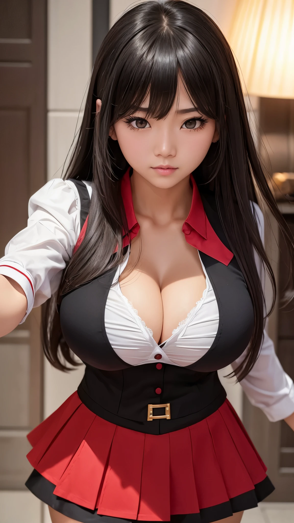 ((Detailed face)), ((highlight)), (breast enhancement), (girl), Cleavage、Asian、bangs、black髪、skirt、Combat Uniform、white、red、black、