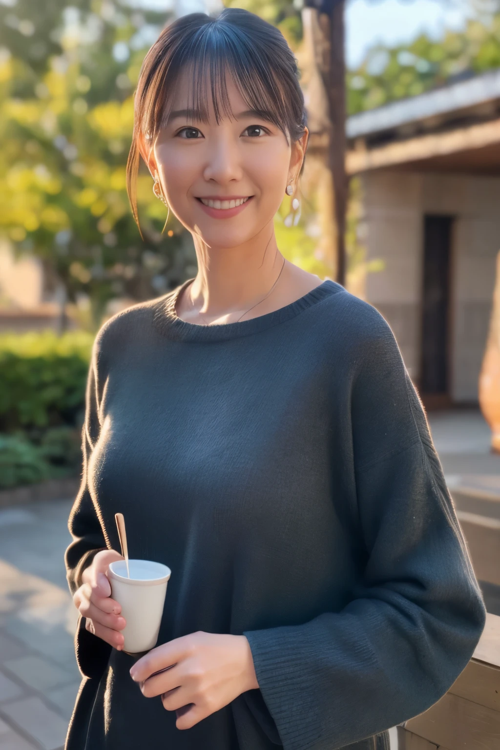 portrait, 8K, high quality, realistic photo image, Japanese woman, 40 years old, neat and clean wife, housewife, lovely wife, small breasts, very thin waist, reproduce natural and realistic eyes, cute face, detailed face, smile, beautiful black hair, octane rendering, beautiful lighting, golden ratio composition, casual clothes, sober clothes, casual attire, natural background, blurred background, light makeup, mature woman, background blur