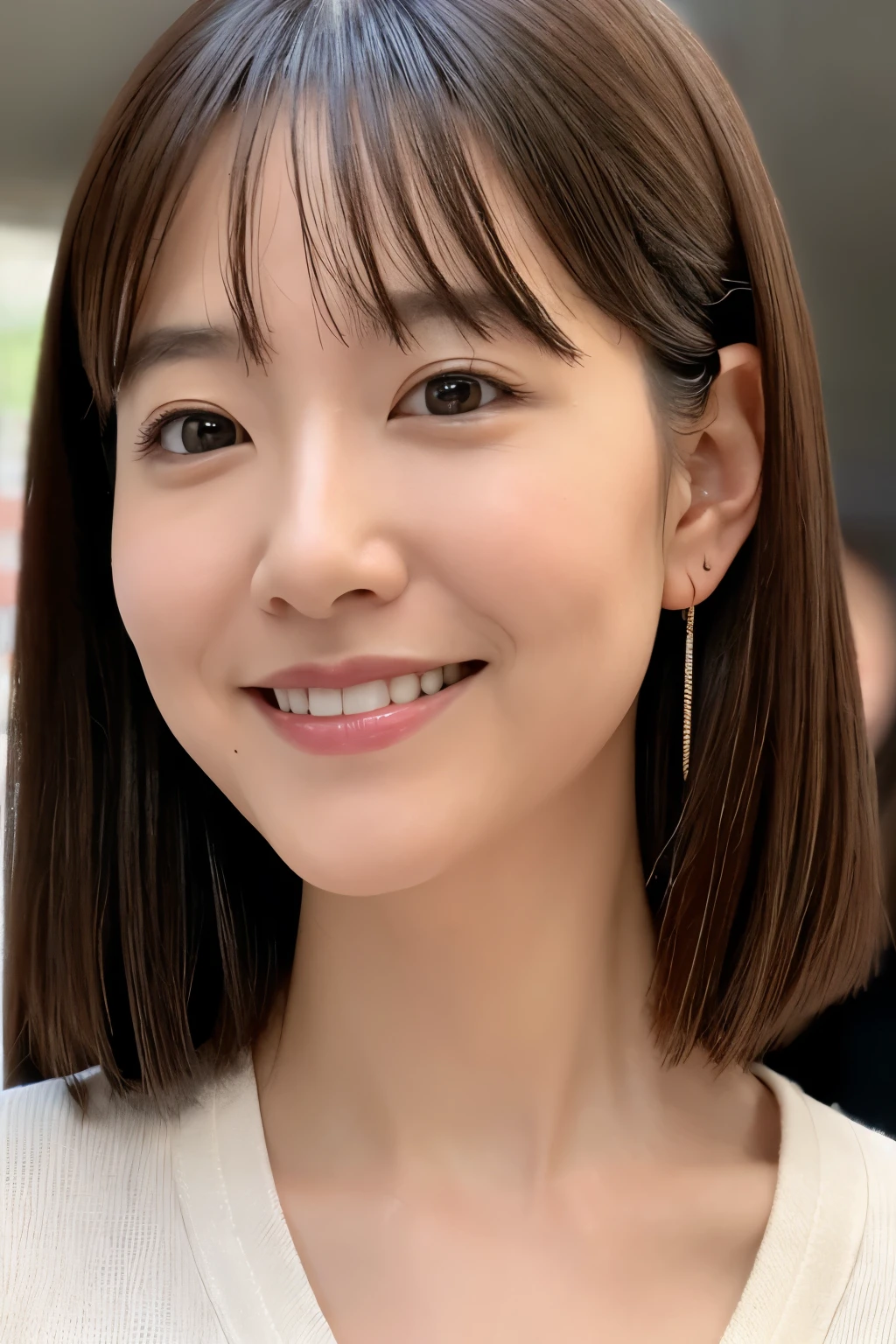 portrait, 8K, high quality, realistic photo image, Japanese woman, 40 years old, neat and clean wife, housewife, lovely wife, small breasts, very thin waist, reproduce natural and realistic eyes, cute face, detailed face, smile, beautiful black hair, octane rendering, beautiful lighting, golden ratio composition, casual clothes, sober clothes, casual attire, natural background, blurred background, light makeup, mature woman, background blur