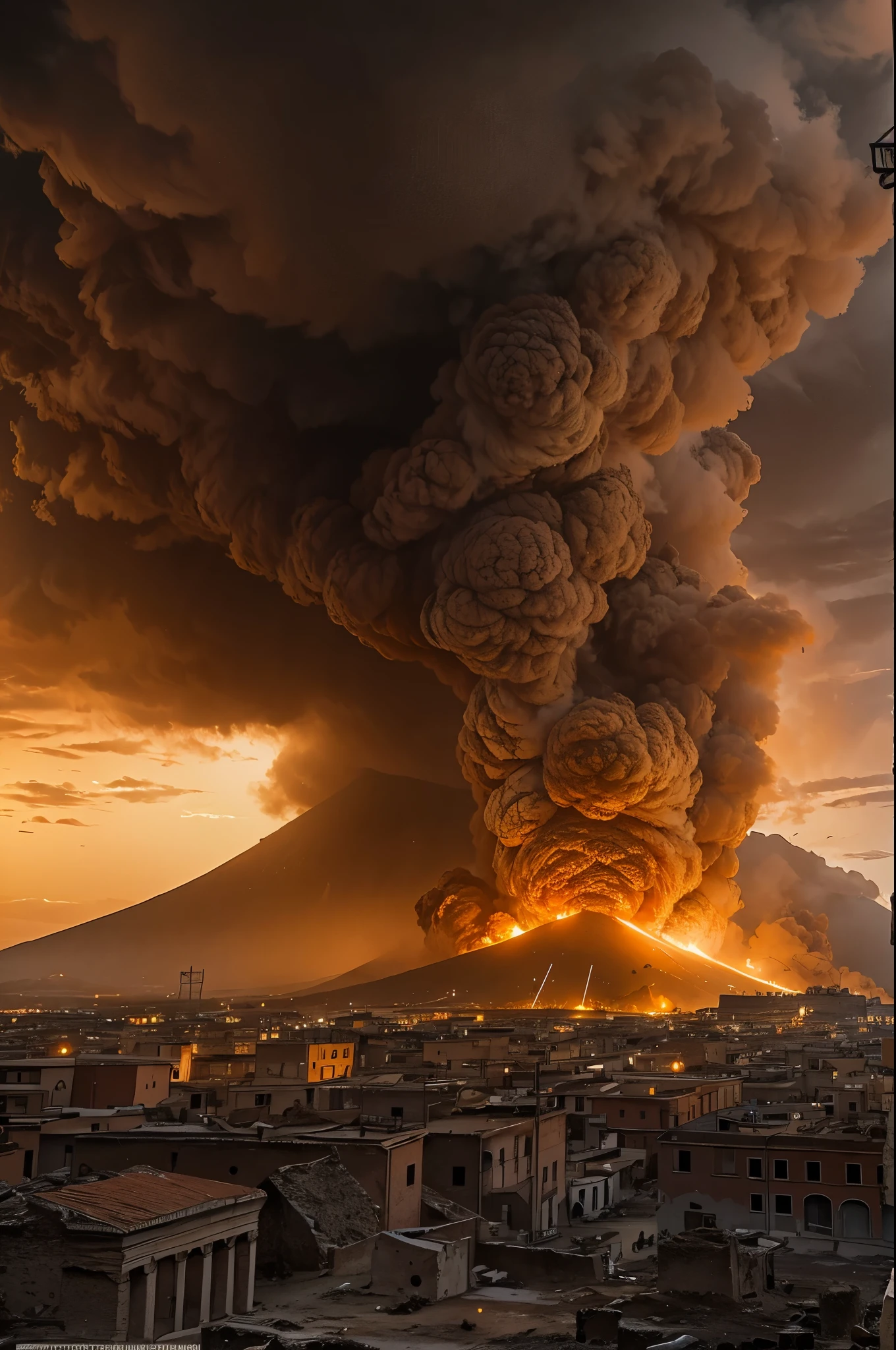 Masterpeice, in the chilling dawn of 79 AD, the skies above Pompeii are painted with a terrifying canvas as Mount Vesuvius erupts, unleashing destruction. Massive, fiery pyroclastic flows surge down the slopes, engulfing the city in a catastrophic embrace. The Tyrrhenian Sea reflects the fiery glow, mirroring the apocalypse unfolding on land. The scene captures a dramatic and historic event, surrounded by an atmosphere of an imminent end of days, where nature's fury reclaims all in its path, 16K, ultra high res.photorealistic, UHD, RAW, DSLR, wide angle