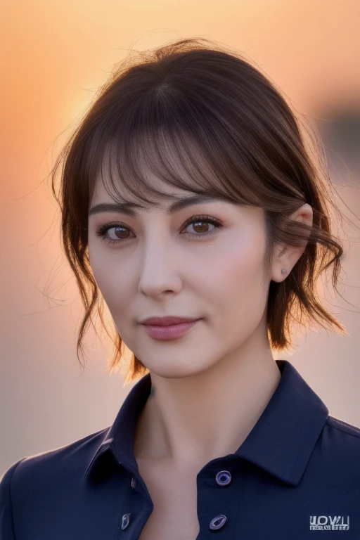 (highest quality, High resolution)))), Very detailed8K,A middle-aged Japanese woman with a glamorous body, around 45 years old, (Ultra HD, Very detailed, Very detailed, Very realistic, Ultra-Realistic Skin, Realistic photos), (1 girl:1.5), Wavy long hair with highlights, Bobcut, (Dynamic pose), An excited look、To the camera, A light smile, Purple eyes, (Nadium Chest: 1.2), (Beautiful and elaborate face, Fine and beautiful eyes), (Slightly larger navy shirt, Thin material), Cleavage, , dripping sweat, (Sunset, sunlight)，
