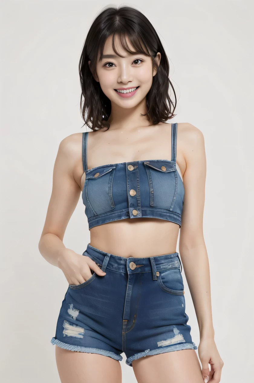 The beauty of 8K raw photos:2.0, Japanese woman, short hair, 18 years old, great face and dark eyes, looking at the viewer:1.5, big smile, tongue out, show the tongue, wet hair, show the crotch, spread the legs wide, show your cameltoe:1.2, tiny top, put your hands on your hip, (denim shorts:1.2), shinny skin, realistic:1.9, very detailed, standing cowboy shot from bottom:1.2, High resolution RAW color photos, professional photos, Taken at the studio, plain wallpaper, girl sexy portrait