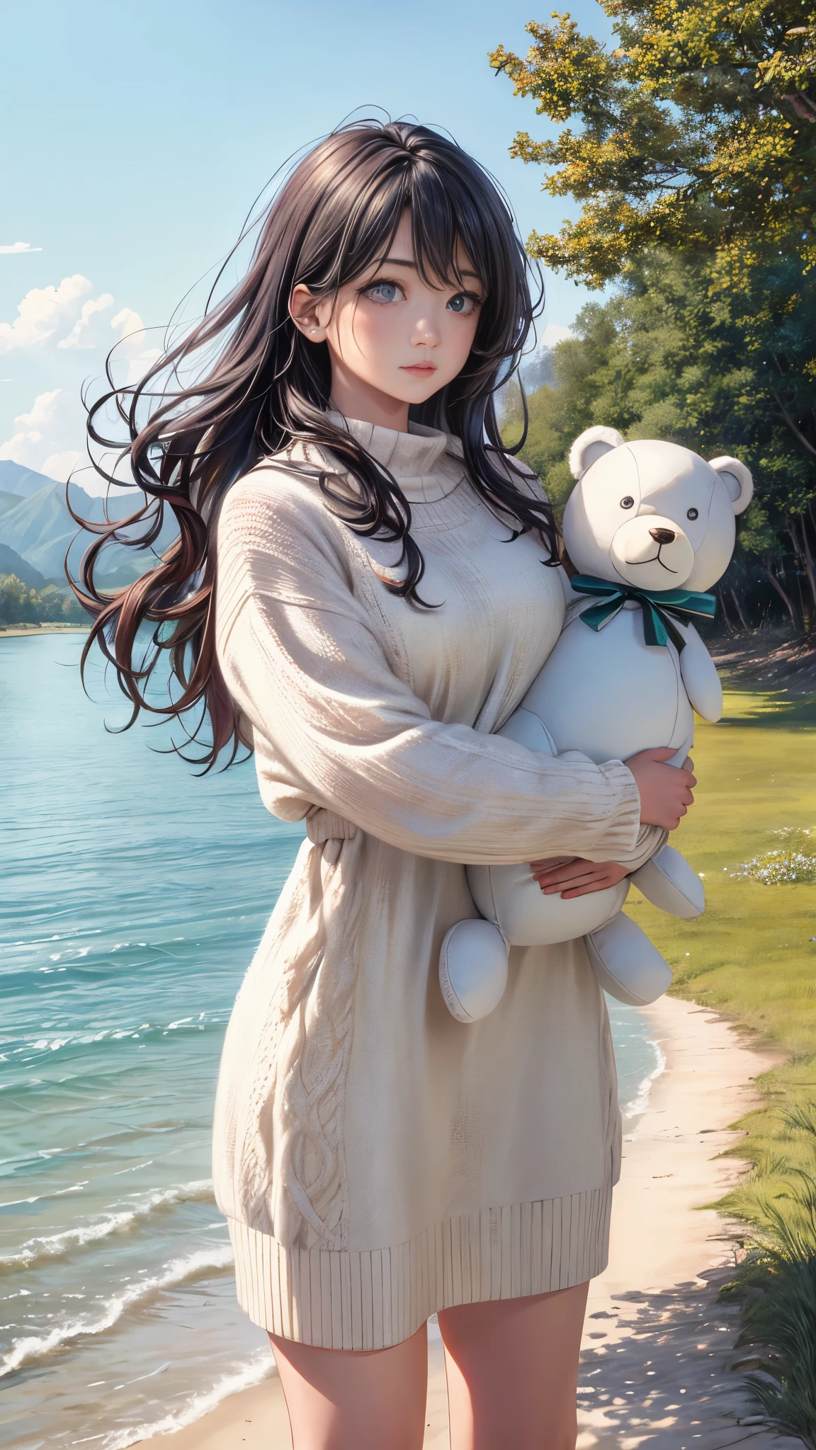 One girl is strolling by the river, surrounded by a scenic mixed-media artwork (photorealistic: 1.3). She is wearing a cozy sweater, carrying a plush pillow under her arm. Her lips are parted in an open-mouthed expression, radiating realism in this solo image. A teddy bear or stuffed toy clutched in her hand adds to the tranquility of the scene.
This masterpiece portrays a ultra-detailed (high detailed skin: 1.2) young woman with long, wavy, and detailed hair that catches the sunlight. Her eyes are expressive, conveying a captivating gaze that seems