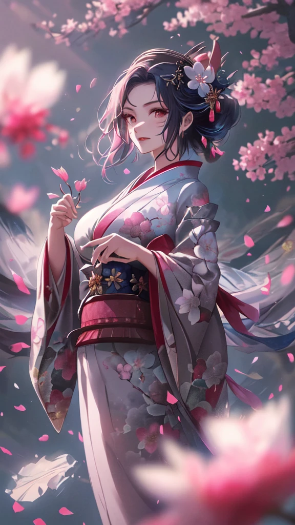 girl,geisha,killer,(media_traditional,illustration:1.4),flowers on hair,kimono,wielding a katana,Large Breasts,Beautiful breasts、Huge breasts:1.4,Big breasts, bare shoulders, (Eye_detailed),愤怒的Eye, Fighting Stance,(masterpiece,detailed,high resolution,Movie,atmosphere:1,4), (Hot: 0,6), whole body, fear, cherry tree in the background, Cherry blossom petals flying, Looking at the audience, Stone floor with puddles, Walk in front of the audience