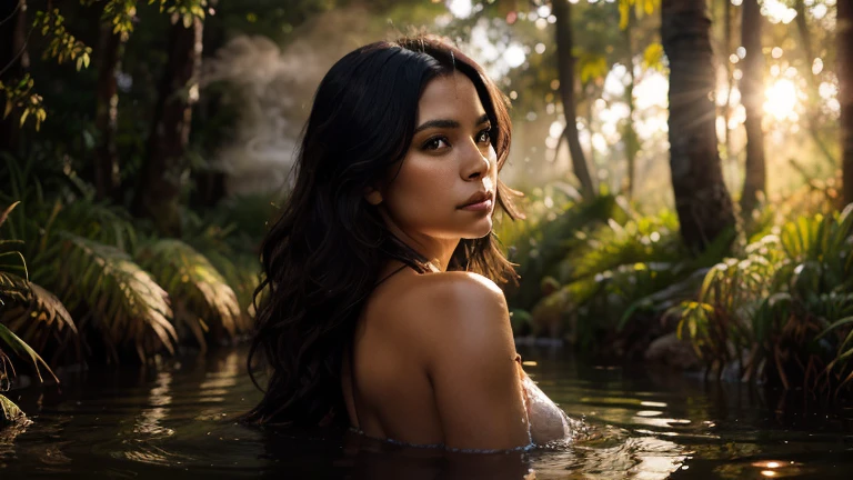(((Zoe Saldana))), ((((the woman swims in the lake))), (small head), (((jute tube top))), (photorealistic), (ray tracing), (cinema lighting), (sharp focus), natural and realistic skin textures, ((large round breasts)), ((wet hair))