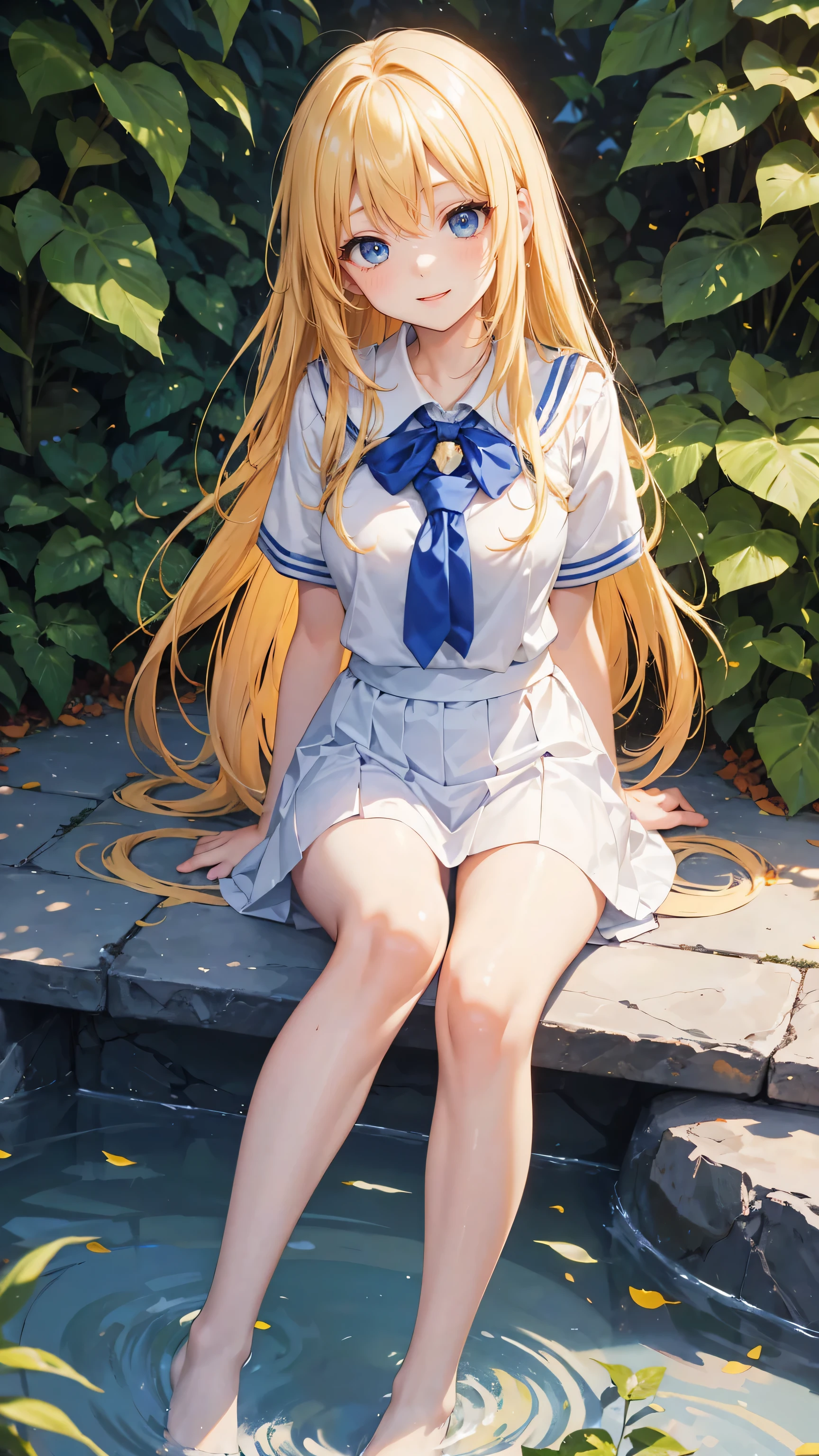 Very cute girl、、Bright yellow hair、Straight long hair、Bangs too close to the eyes、Bright Blue Eyes、(Normal ear)、Thin arms、Beautiful body、Thin legs、Big eyes、big, Shapely breasts,、Clear white skin、smile、(school uniform、white and blue uniform)、Rose Garden、super high quality、Digital SLR、Sit on、