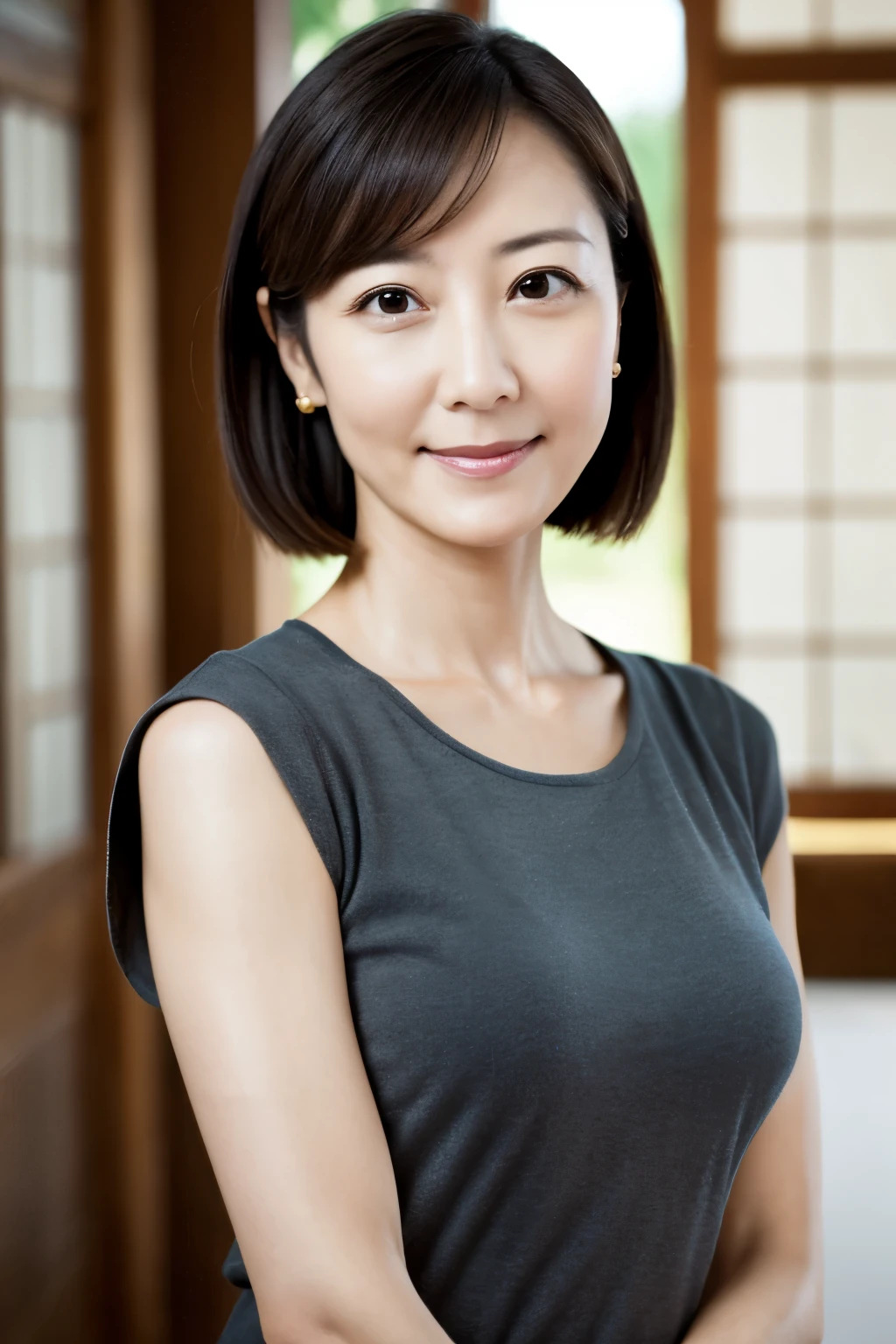 portrait, 8K, high quality, realistic photo image, Japanese woman, 40 years old, neat and clean wife, housewife, lovely wife, small breasts, very thin waist, reproduce natural and realistic eyes, cute face, detailed face, smile, beautiful black hair, octane rendering, beautiful lighting, golden ratio composition, casual clothes, sober clothes, casual attire, natural background, blurred background, light makeup, mature woman, background blur