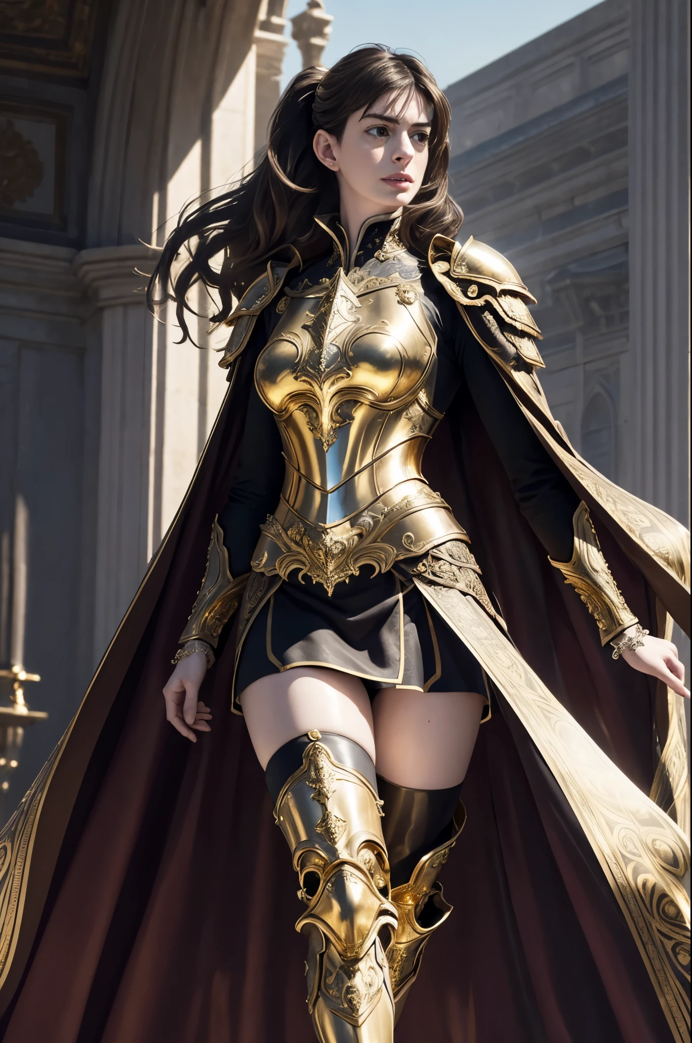 ((Anne Hathaway in ornate gold plate armor)), award winning concept art of tall (1girl) in ornate plate armor, elegant, ((looking front)), facing front, high long ponytail, dramatic long flowing hair, model on runway, epic, god rays, centered, (masterpiece:1.2), (best quality:1.2), Amazing, highly detailed, beautiful, finely detail, warm soft color grading, Depth of field, extremely detailed 8k, fine art, stunning, iridescent, shiny, light reflections, crisp, curls, wind, outdoor palace, regal pose, royal pose, hyper realism, vibrant, sunlit, edge detection, (miniskirt), pelvic cover, thigh high boots, knees, long flowing cape