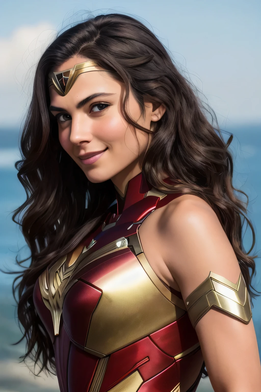 Realism, realistic, sexy Young Instagram mode woman in Iron Man suit, slim, long brown hair, 34dd breast size, brown eyes, tan skin, dark skin, prefect face, make upNight, soft lighting, dynamic angle, realistic lighting, smiling, happy, Wonder Woman movie scene background, photo by Brooke DiDonato, (natural skin texture, hyperrealism, soft light, sharp :1.2), (intricate details:1.12), hdr masterpiece, best quality, (highly detailed photo:1.1), 8k, photorealistic, (SFW),