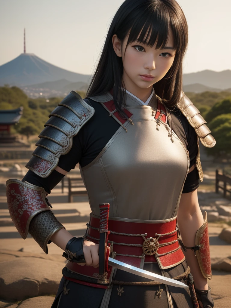 masterpiece, Best quality, (((realism、lifelike:1.37))), ((solo)), 8K Image Quality , Extremely exquisite and beautiful, brilliant, Official art with attention to detail, ridiculous, Unbelievably ridiculous, Huge file size, Super detailed, Very detailed, (pretty girl), (Detailed girl), Detailed eyes and face, Beautiful and delicate eyes, Light makeup, (1 girl), (Perfect female body), Slim waist, (Japanese Beauty), ((whole body)), With bangs, Serve, ((Japanese Samurai Woman)), ((Japan red and black armor)), (Detailed Japan armor), Japanese sword1Holding a book, (18 years old), Dry riverbed ,((Japanese Samurai Woman)), ((Japan red and black armor)) , Wakizashi, (Detailed Japan armor),