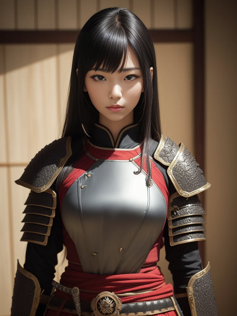 masterpiece, Best quality, (((realism、lifelike:1.37))), ((solo)), 8K Image Quality , Extremely exquisite and beautiful, brilliant, Official art with attention to detail, ridiculous, Unbelievably ridiculous, Huge file size, Super detailed, Very detailed, (pretty girl), (Detailed girl), Detailed eyes and face, Beautiful and delicate eyes, Light makeup, (1 girl), (Perfect female body), Slim waist, (Japanese Beauty), ((whole body)), With bangs, Serve, ((Japanese Samurai Woman)), ((Japan red and black armor)), (Detailed Japan armor), Japanese sword1Holding a book, (18 years old), Dry riverbed ,((Japanese Samurai Woman)), ((Japan red and black armor)) , Wakizashi, (Detailed Japan armor),