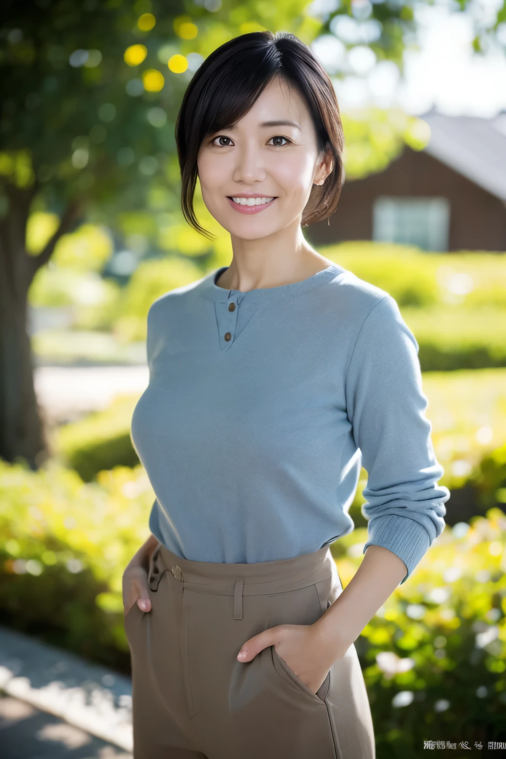 portrait, 8K, high quality, realistic photo image, Japanese woman, 40 years old, neat and clean wife, housewife, lovely wife, small breasts, very thin waist, reproduce natural and realistic eyes, cute face, detailed face, smile, beautiful black hair, octane rendering, beautiful lighting, golden ratio composition, casual clothes, sober clothes, casual attire, natural background, blurred background, light makeup, mature woman, background blur