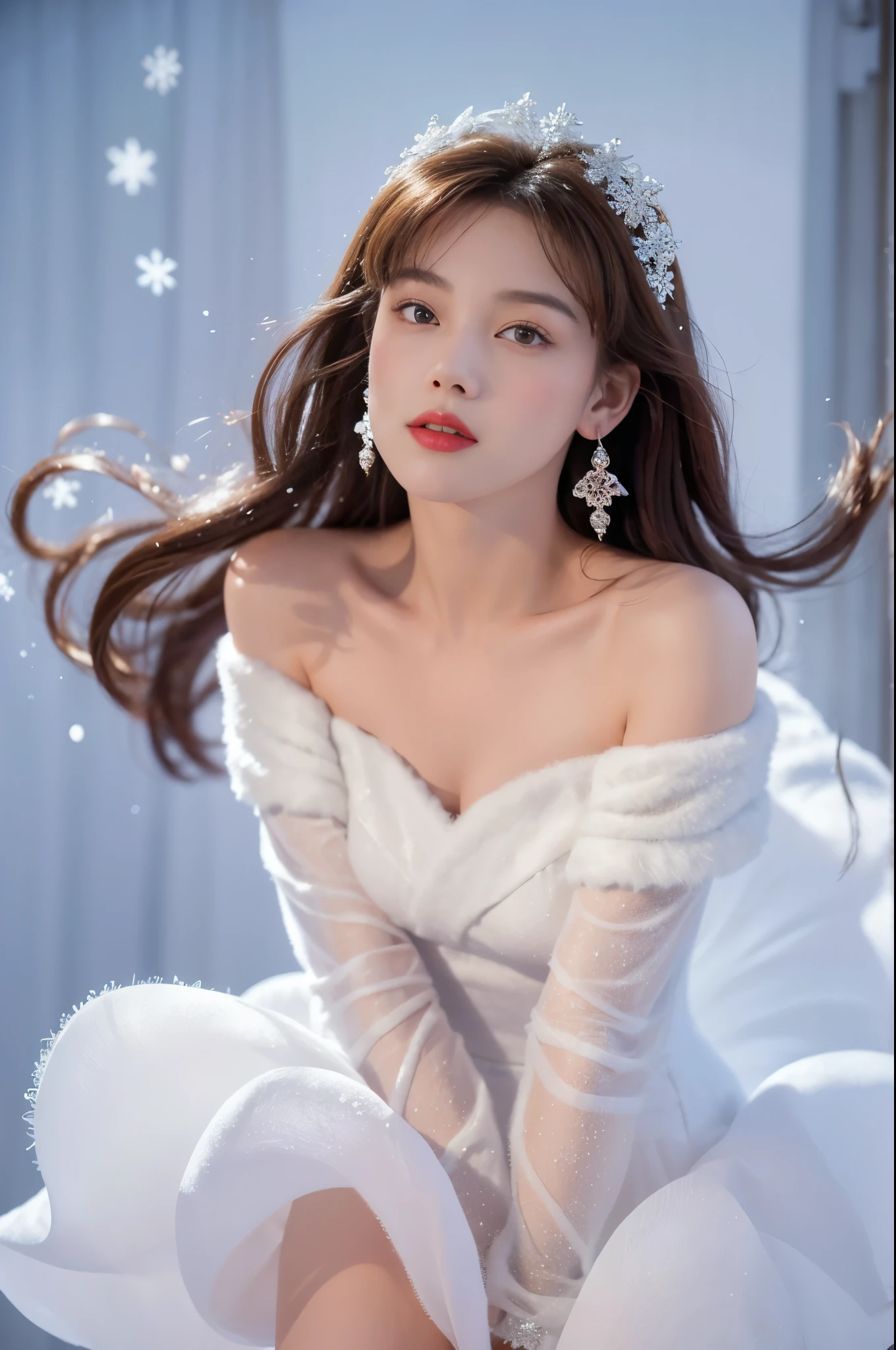 masterpiece、quality、Super detailed、Marilyn Tagg , Focus on the thighs and above,clear face,(Best quality at best), beautiful girl:1.5、(Red fluffy off-shoulder dress style),long hair fluttering,Snowflake earrings、snowflakes falling、Vague、snow world