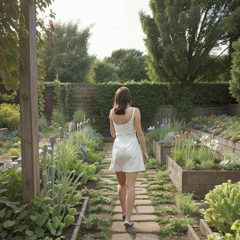 Girl walking in the garden looking back