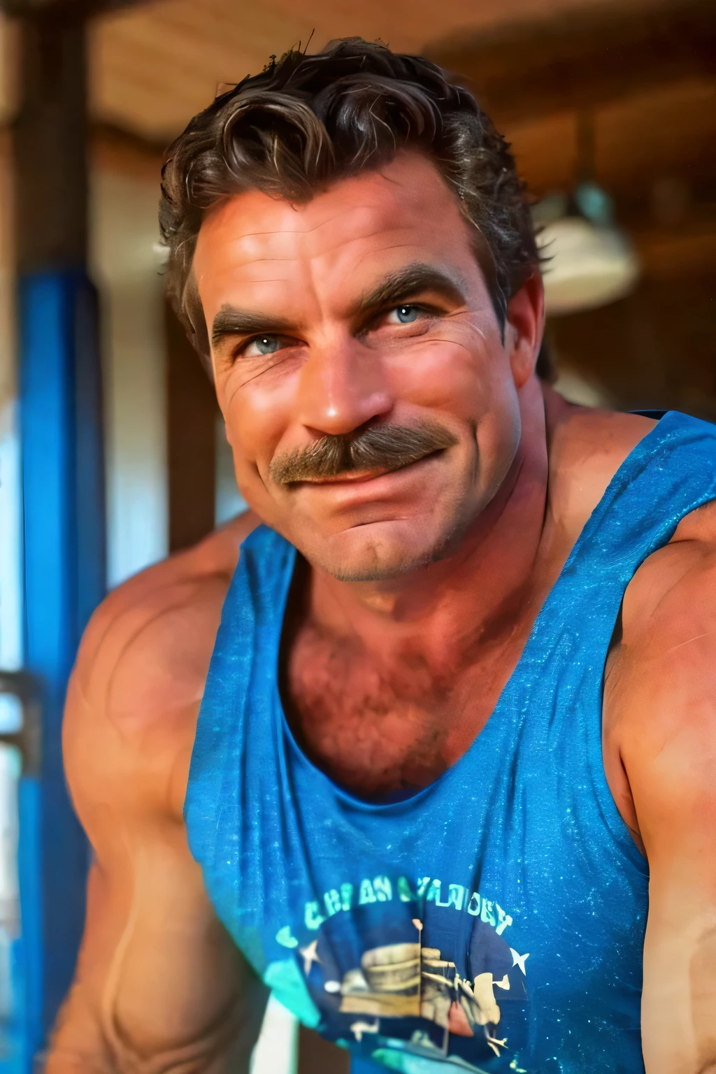 (handsome mature man), (50 yo), white man, wearing a tank top and sport shorts, bulge, (beefy:1.3), beard, looking at viewer, beautiful man, detailed eyes, symmetric face, smirk, robust, greying hair