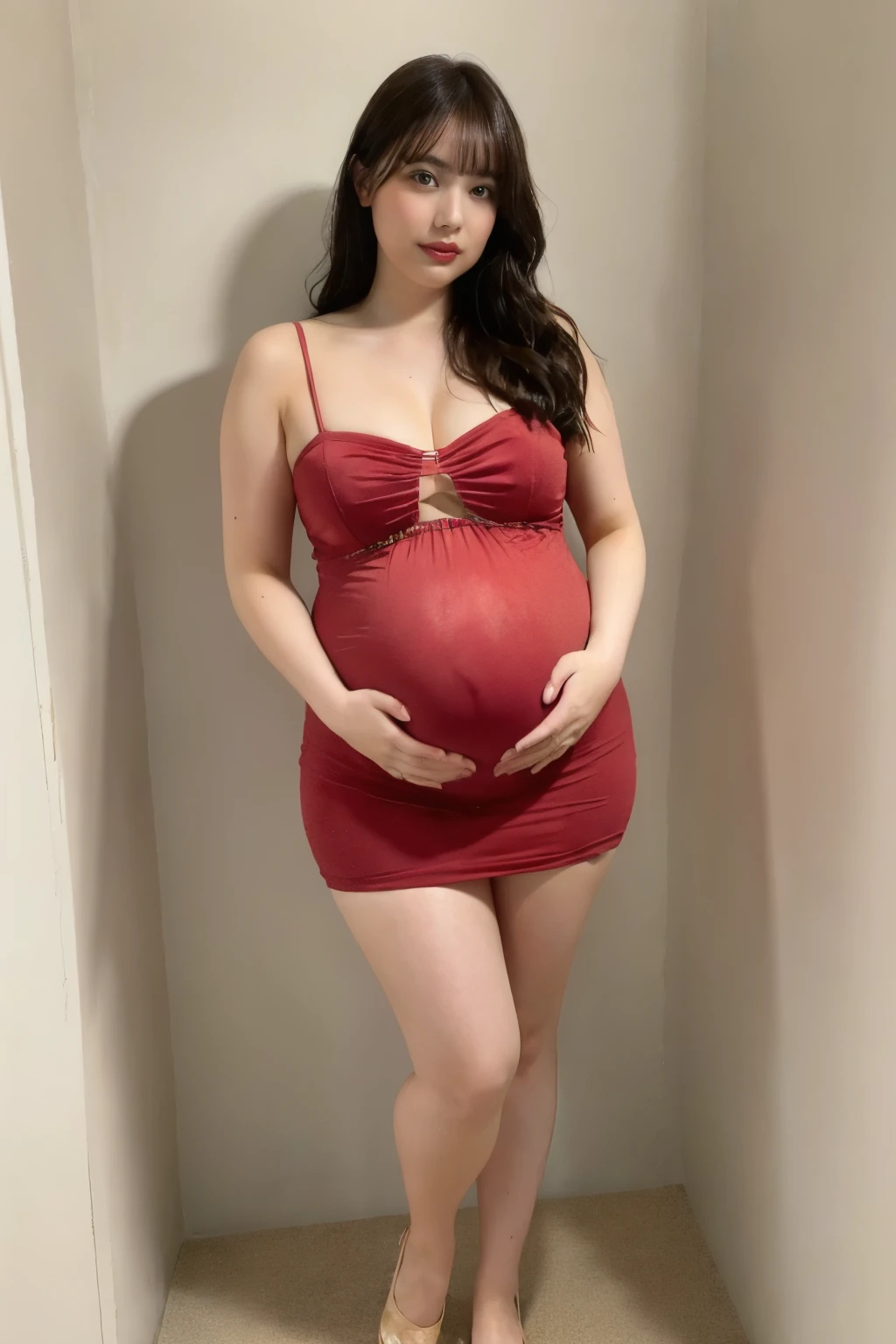 pregnant woman in a red dress and stocking posing for a picture supine in bed, pregnant belly, she has a jiggly fat round belly, pregnant, her belly is fat and round, tight dress, very attractive and beautiful, attractive and beautiful, sie boob, gorgeous woman, pregnancy, with large breasts, bouncy belly, sexy dress, attractive girl, korean face, ((wet all over))