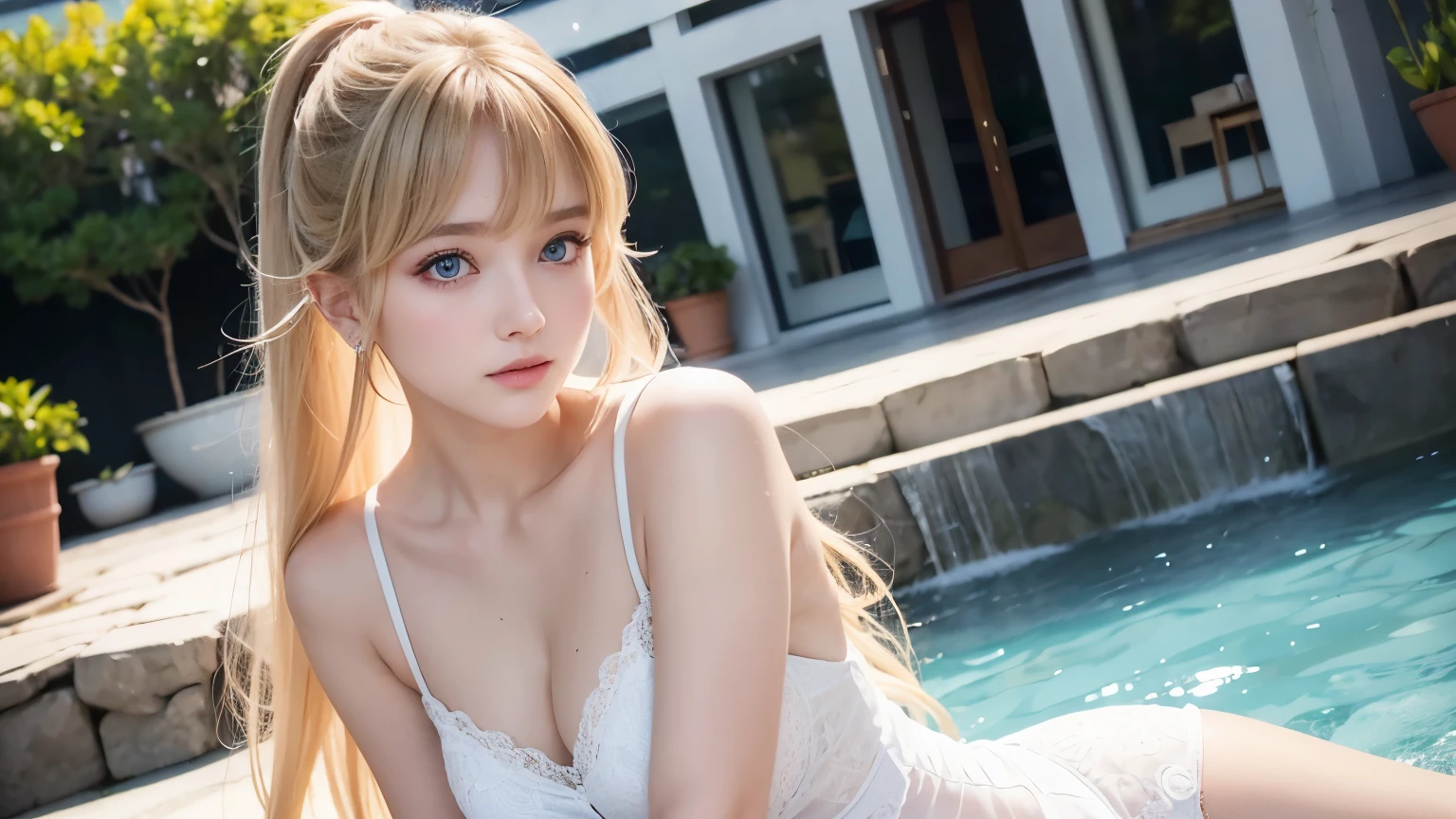 outdoor、swaying bangs、ultimate beautiful girl、bangs care、ponytail、hair care、very beautiful 18 year old cute girl、white and young beautiful skin、Sexy and very beautiful beauty、Very cute face and ultimate beauty、Super long bright natural blonde hair、smooth straight hair、big clear blue eyes、 ,perfect body,(Lie:1.3)