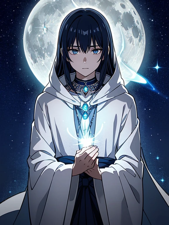 Purified Eclipse is a mysterious figure with a complexion that seems to absorb and reflect the light around him. His midnight-black hair cascades like a shadowy veil, framing his enigmatic face. His eyes, deep pools of sapphire, emit an ethereal glow that mirrors the phases of the moon. Purified Eclipse has an otherworldly presence, and his every movement exudes an aura of tranquility and mystique.He wears a long, flowing cloak crafted from celestial fabric that shimmers like the night sky, adorned with intricate silver embroidery resembling constellations. Underneath, he dons a simple yet elegant attire, incorporating deep indigo and silver hues. A pendant, crafted from a rare lunar gem, hangs from his neck, emitting a gentle radiance.