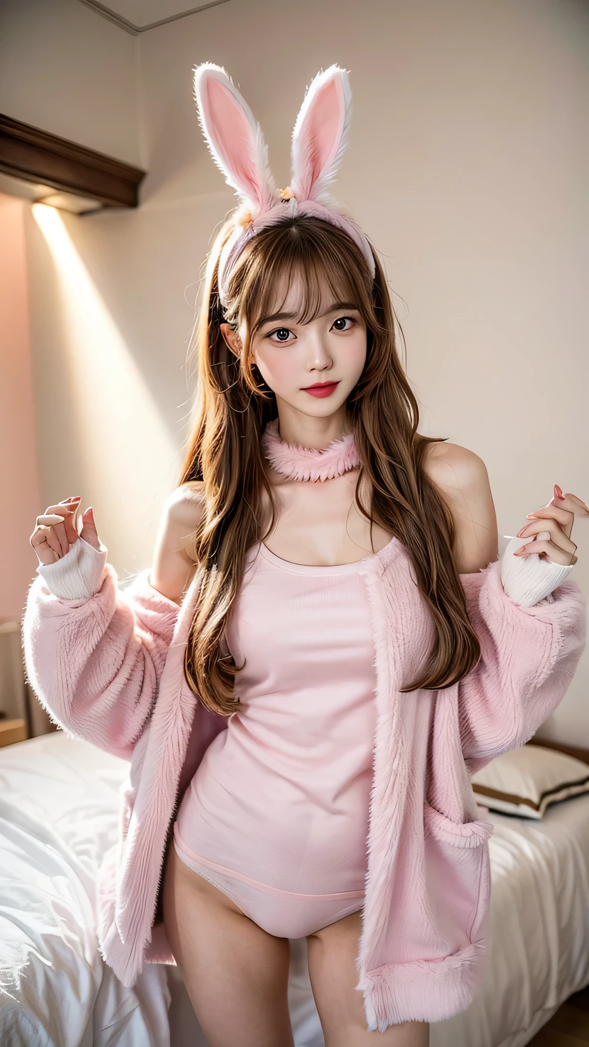 Best quality: 1.4, high resolution, perfect lighting, (1 girl), 20 years old, rabbit-like costume, pink color, fluffy and delicate fur, long hair, cute pose, legs highlighted