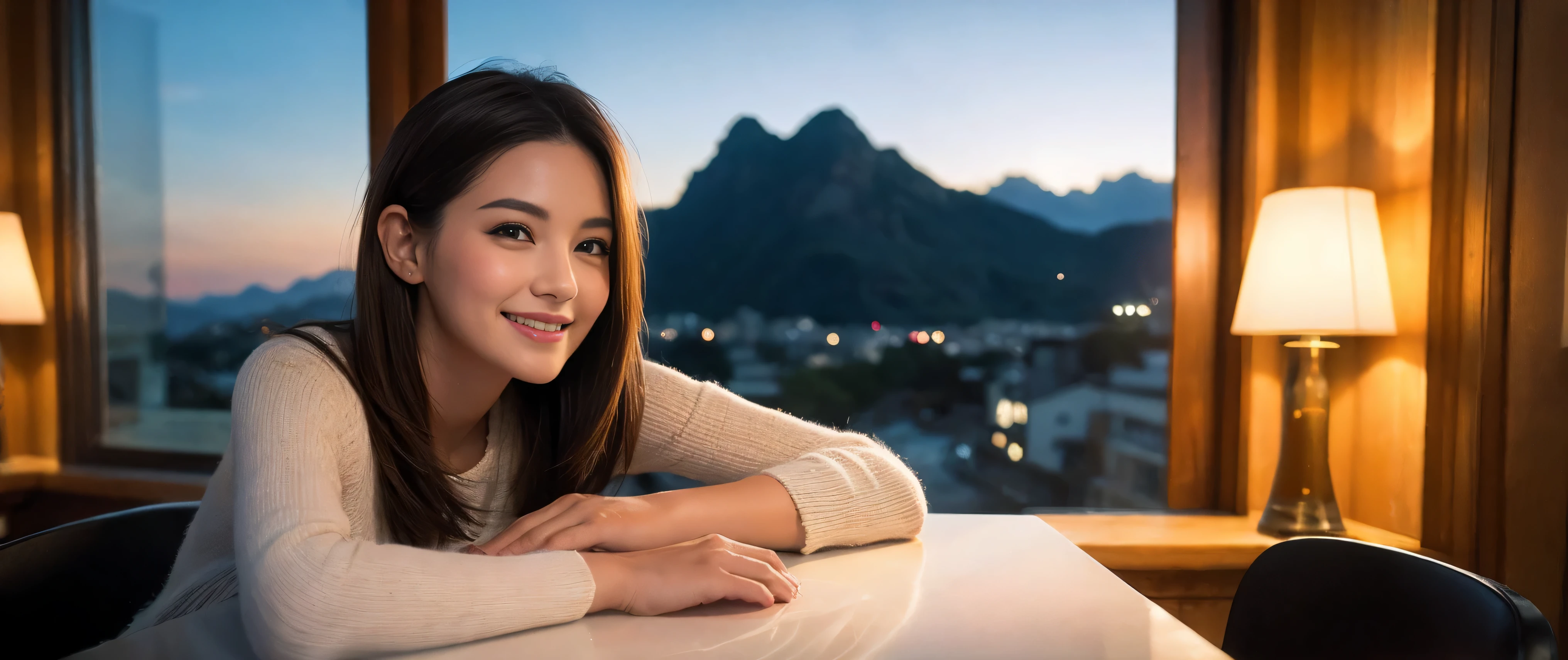 ((highest quality、8k、masterpiece:1.3))、Sharp focus:1.2、Beautiful woman perfect body:1.4、Slim body、((Bob Hale、Straight hair:1.2))、(to be born, highest quality, masterpiece:1.5), (Realistic, Intricate details:1.2), Ultra-high resolution, Spectacular view of the sunset sky and clouds、Amazing mountain views、A bright smile、A lovely woman with a smile、Bright image、2. Wine Beauties, Beautiful Face, blue eyes, The light shines on your face, Blushing, short hair,Bright face、Fox face、 (36 years old), 39 years old, Lady、red wine 、hors d'oeuvre、Italian food、wine bottle、Champagne、sparkling wine、two beauties、brown hair、Shortcuts、Long sleeve shirt、dress、Pretty Woman 1, (slim face), (The body is slim), (brown hair), (Shortcuts), cheeks turn a little red,charming beauty、, Out of the window, A beautiful and detailed night view unfolds.........., restaurant, In a prominent place (From the waist up) Nova Frog Style, actress, model, Upper Body, White wine, slim, wine glass, wine glass placed in the middle, smile, (smile: 1.15), Beautiful fine grain, Depth f/2,saturation, High Contrast, Strong light and shadow,Moist Body:1.5、3D texture、Delicate eyes、brown hair、The hair is very shiny、