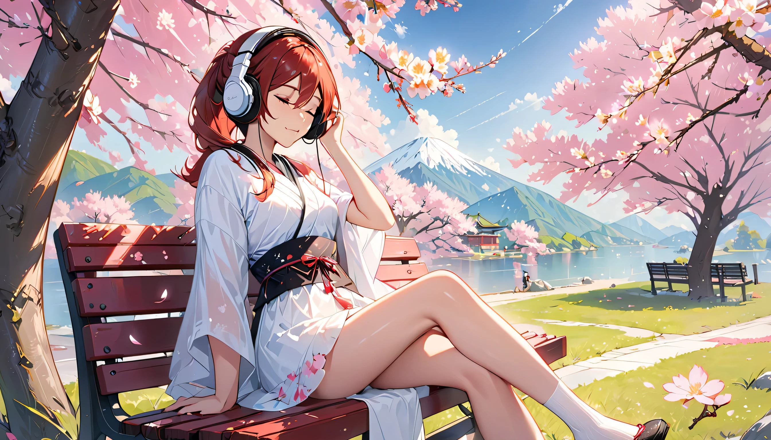 ((best quality)), ((masterpiece)), (detailed), perfect face, sitting under the cherry blossom tree, listening to music, One woman, wearing headphones, eyes closed, wearing underwear, underwear is transparent, sitting on a bench