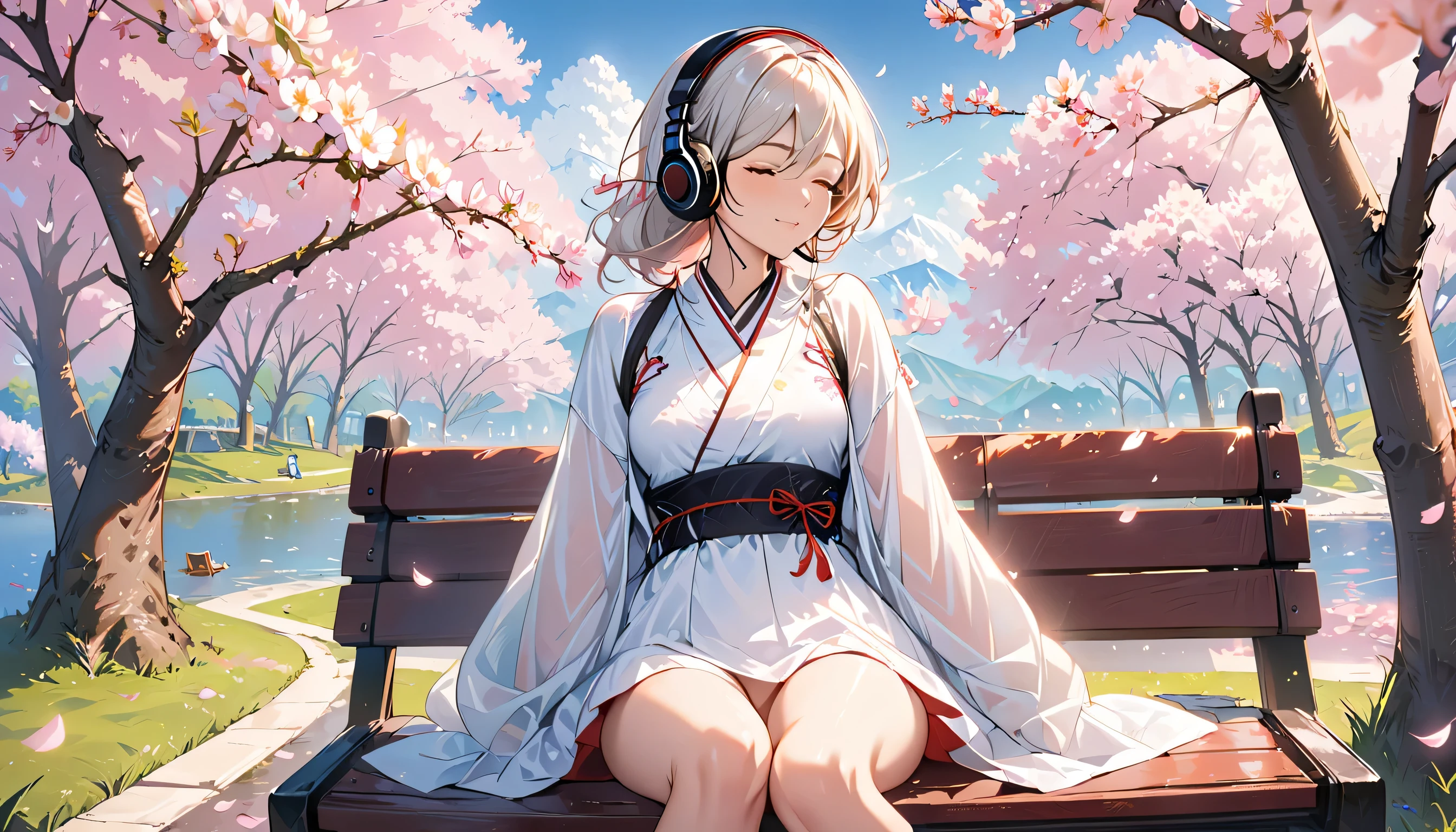 ((best quality)), ((masterpiece)), (detailed), perfect face, sitting under the cherry blossom tree, listening to music, One woman, wearing headphones, eyes closed, wearing underwear, underwear is transparent, sitting on a bench

