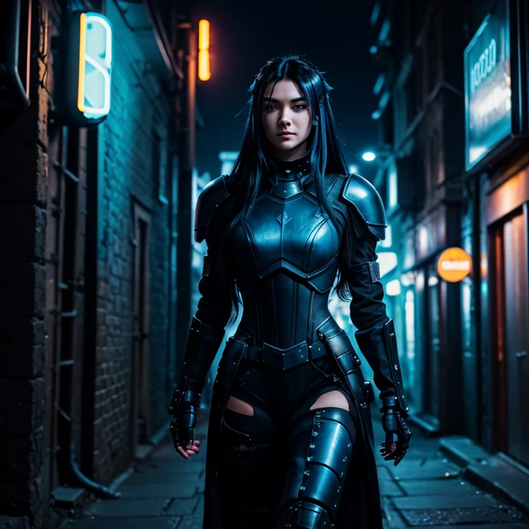 full length,A dark night alley with stone walls and neon signs is a young woman with long black hair with blue streaks, dressed in a black cyberpunk armored suit with exposed parts, walking from an armored car, and her hair fluttering in the wind. a slight sly smile