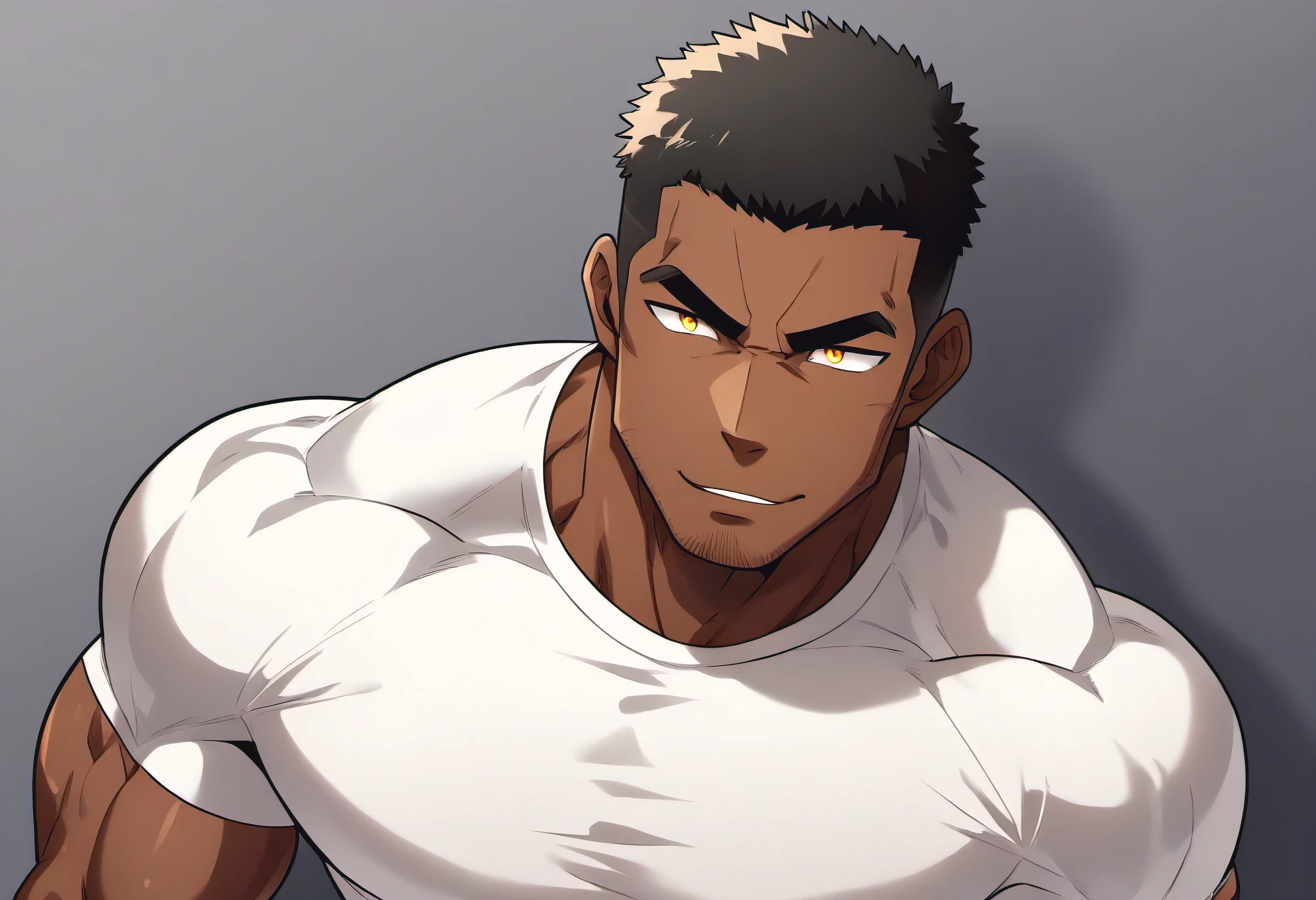 anime characters：Black man, Fitness coach, Dark black skin tone, His skin is pitch black., 1 muscular tough guy, Manliness, male focus, Cream Lycra T-shirt, Very tight, The pectoral muscles are oversized, Slightly transparent, muscular male, muscular, only, Upper body, alone, White short hair, Thick eyebrows, stubble, Yellow eyes, Grey background, simple background, amazing quality, best aesthetics, Ridiculous, bright pupils, crew cut, parted lips, seductive smile, torogao, naughty face, drop shadow, best quality