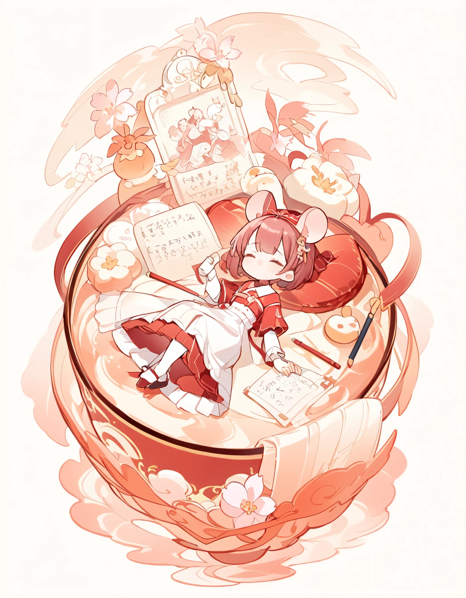 Lying down，（Clean background），Depth of detail，Q version three-headed body、Mouse ears，Transparent watercolor、girl、Beautiful arrangement and theme、Writing limit depth、Flat avatar, 1girl, （Brown short hair）， hair tip white,Fashionable design clothing(red and white)),Background white、 可爱的girl, modest dress, Sakura pantyhose