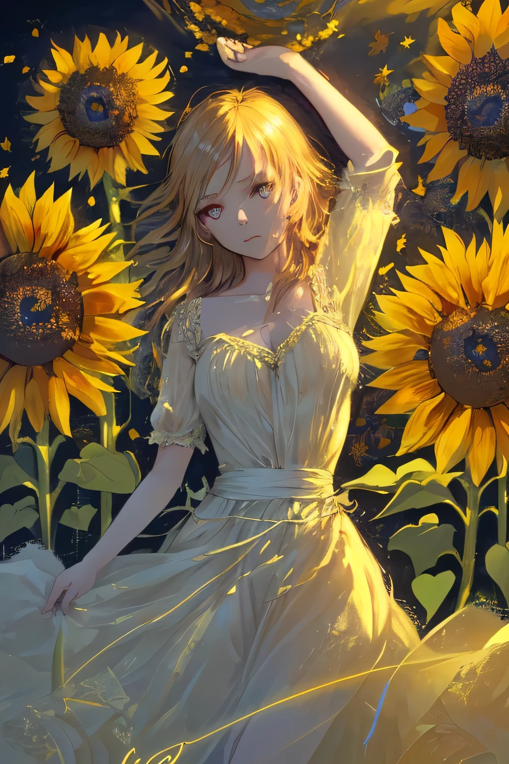 Aster Pieces inspired by sunflowers, ((highest quality)), High resolution, 8k, Cinematic Light, High Contrast, Written boundary depth, Strong brilliance, Detailed Background, One Girl, cute, fine grain, Shining Eyes, Detailed Iris,