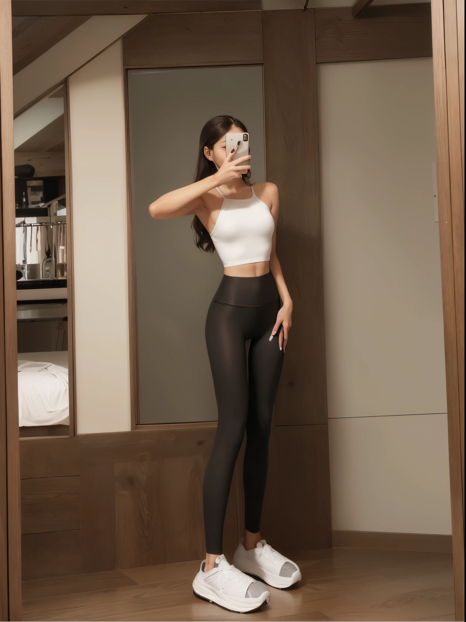there is a woman that is taking a selfie in a mirror, cottagecore!! fitness body, two piece workout clothes, skinny waist and thick hips, big breasts thin waist, coalescence, photo of slim girl, Thin waist, wearing tight simple clothes, thicc, Slim waist, 🤬 🤮 💕 🎀, smooth white tight clothes suit, cute sportswear