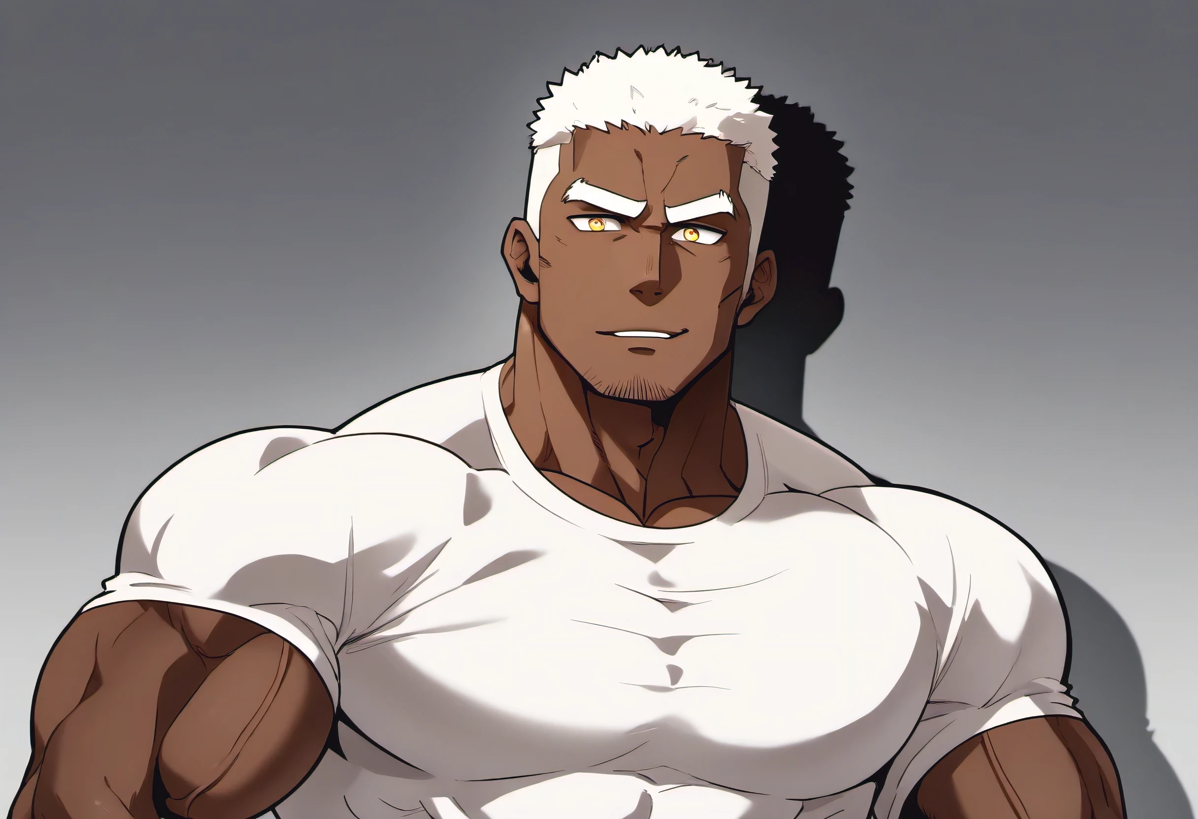 anime characters：Black man, Fitness coach, Dark black skin tone, His skin is pitch black., 1 muscular tough guy, Manliness, male focus, Cream Lycra T-shirt, Very tight, The pectoral muscles are oversized, Slightly transparent, muscular male, muscular, only, Upper body, alone, White short hair, Thick eyebrows, stubble, Yellow eyes, Grey background, simple background, amazing quality, best aesthetics, Ridiculous, bright pupils, crew cut, parted lips, seductive smile, torogao, naughty face, drop shadow, best quality