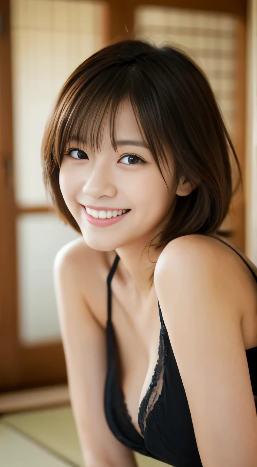 masterpiece,best quality,(Japanese ),((Beautiful girl)),cleavage,indoor,(perfect body beauty:1.2),(shy smile),beautiful teeth,