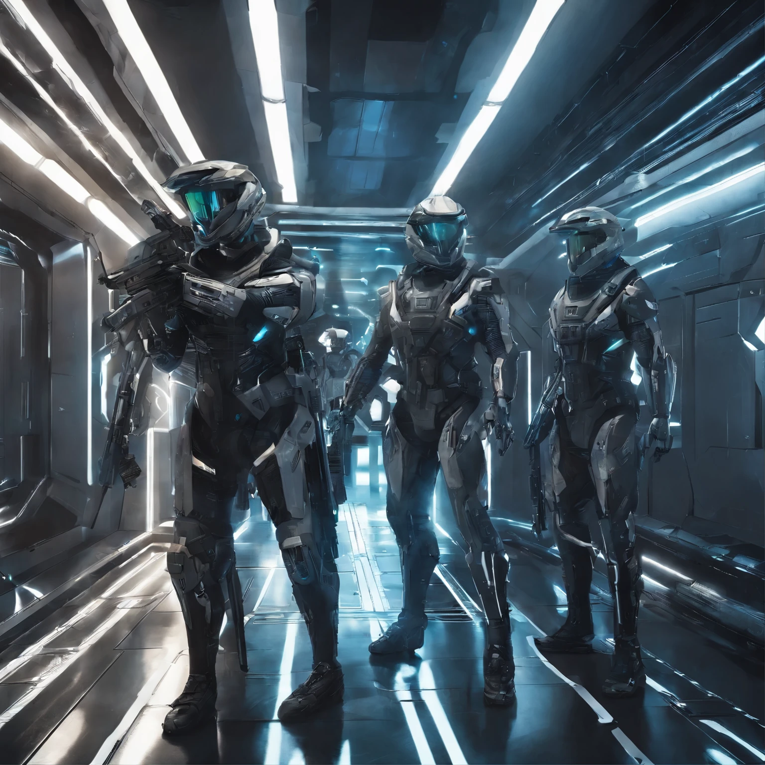 three men in futuristic suits with guns in a hallway, epic scifi character art, epic sci - fi character art, epic sci-fi character art, futuristic soldier, sci-fi soldier, expert high detail concept art, cyberpunk imperial military, diverse cybersuits, robot concept art, cyber armour, mechanized art concept, symmetry! futuristic robotic, sci fi character concept