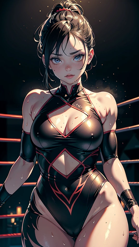 masterpiece, highest quality, (Highly detailed CG Unity 8k wallpaper), (highest quality), (Best illustrations), (Best Shadow), Confused, Realistic lighting, (abyss), Beautiful and delicate shine,victory,Random Pause,((Bare skin wet with sweat,Female professional wrestler)),Cute freckles on the cheeks,Mole under left eye,Cowboy Shot,Hair wet with sweat,A leotard-type wrestling costume with gorgeous decorations,pain,suffering,ring,Plump,Villain wrestler,Lucha Libre,