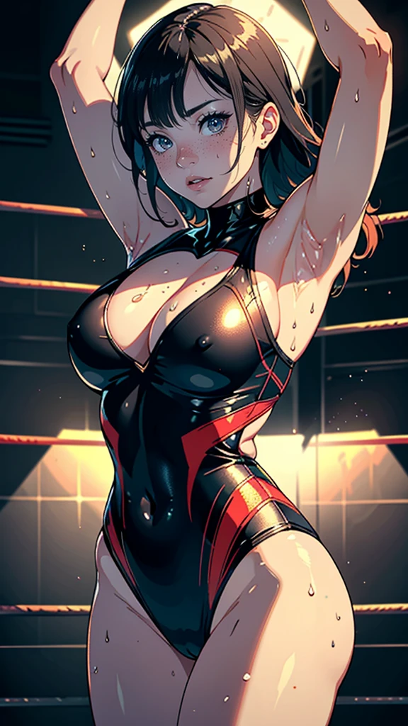 masterpiece, highest quality, (Highly detailed CG Unity 8k wallpaper), (highest quality), (Best illustrations), (Best Shadow), Confused, Realistic lighting, (abyss), Beautiful and delicate shine,victory,Random Pause,((Bare skin wet with sweat,Female professional wrestler)),Cute freckles on the cheeks,Mole under left eye,Cowboy Shot,Hair wet with sweat,A leotard-type wrestling costume with gorgeous decorations,pain,suffering,ring,Plump,Villain wrestler,Lucha Libre,