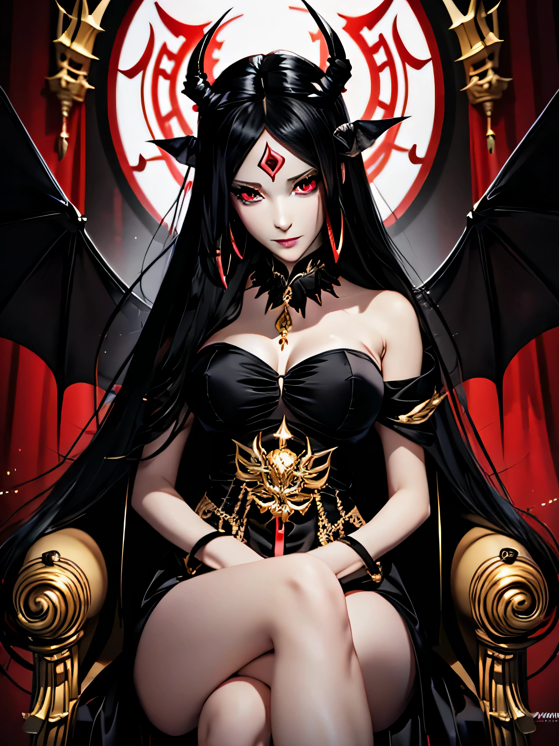 There is a beautiful demon girl with long black hair elegant horns red eyes and pointy ears with golden earrings dressed in gorgeous sexy black dres with golden juwlery sitting on the demonic throne in sexy pose, great quality anime art, illustration, high quality wallpaper, high quality anime art, beautiful seductive face, suductive face expression, beautiful demon girl, 4k best quality ,