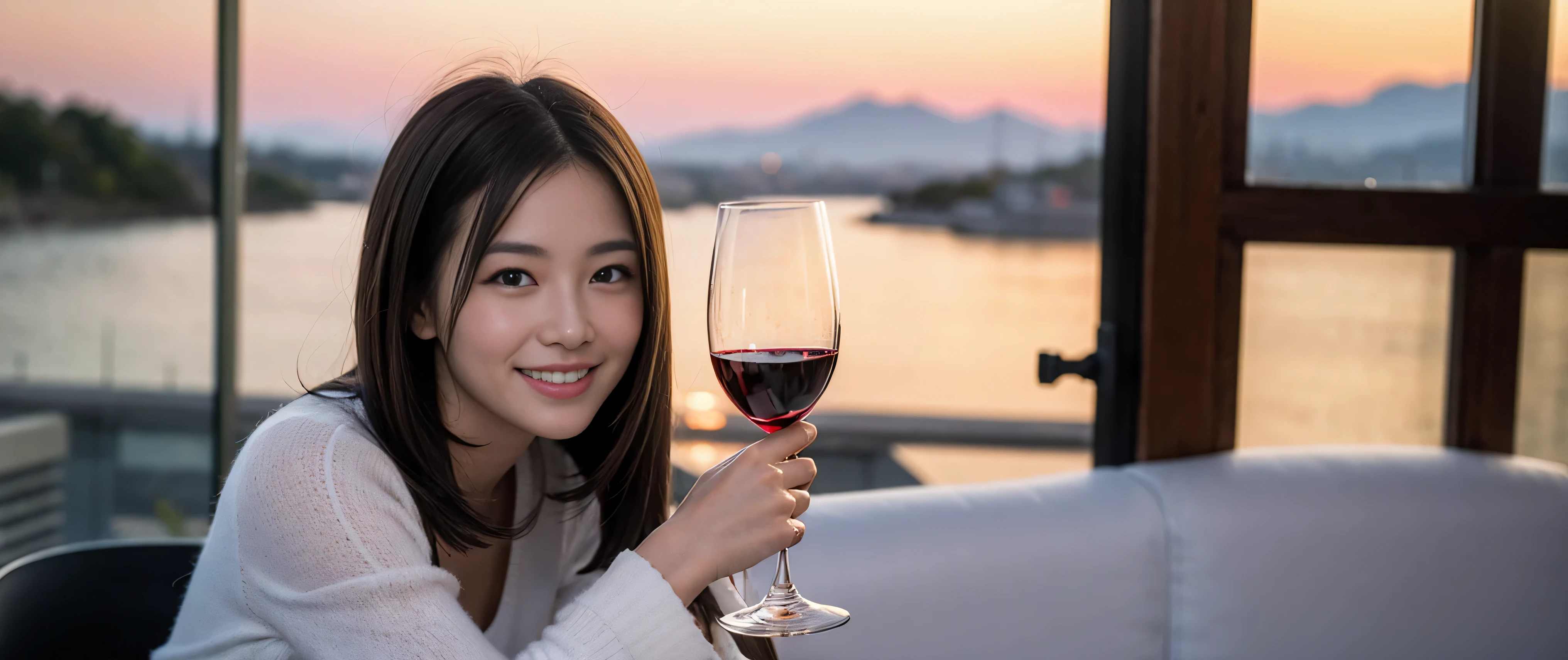 ((highest quality、8k、masterpiece:1.3))、Sharp focus:1.2、Beautiful woman perfect body:1.4、Slim body、((Bob Hale、Straight hair:1.2))、(to be born, highest quality, masterpiece:1.5), (Realistic, Intricate details:1.2), Ultra-high resolution, Spectacular view of the sunset sky and clouds、Amazing mountain views、A bright smile、A lovely woman with a smile、Bright image、2. Wine Beauties, Beautiful Face, blue eyes, The light shines on your face, Blushing, short hair,Bright face、Fox face、 (42 years old), 39 years old, Lady、red wine 、hors d'oeuvre、Italian food、wine bottle、Champagne、sparkling wine、two beauties、brown hair、Shortcuts、Long sleeve shirt、dress、Pretty Woman 1, (slim face), (The body is slim), (brown hair), (Shortcuts), cheeks turn a little red,charming beauty、, Out of the window, A beautiful and detailed night view unfolds.........., restaurant, In a prominent place (From the waist up) Nova Frog Style, actress, model, Upper Body, White wine, slim, wine glass, wine glass placed in the middle, smile, (smile: 1.15), Beautiful fine grain, Depth f/2,saturation, High Contrast, Strong light and shadow,Moist Body:1.5、3D texture、Delicate eyes、brown hair、The hair is very shiny、