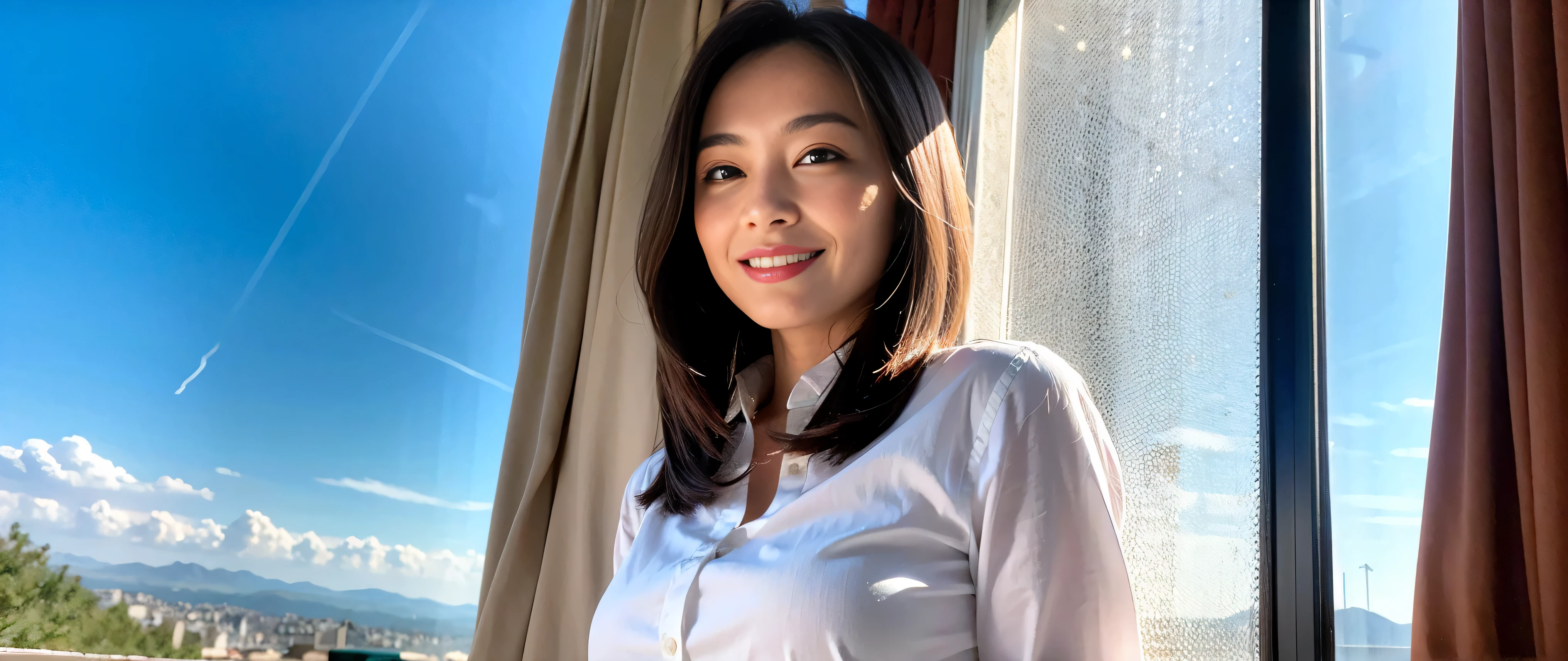 ((highest quality、8k、masterpiece:1.3))、Sharp focus:1.2、Beautiful woman perfect body:1.4、Slim body、((Bob Hale、Straight hair:1.2))、(to be born, highest quality, masterpiece:1.5), (Realistic, Intricate details:1.2), Ultra-high resolution, Spectacular view of the sunset sky and clouds、Amazing mountain views、A bright smile、A lovely woman with a smile、Bright image、2. Wine Beauties, Beautiful Face, blue eyes, The light shines on your face, Blushing, short hair,Bright face、Fox face、 (42 years old), 39 years old, Lady、red wine 、hors d'oeuvre、Italian food、wine bottle、Champagne、sparkling wine、two beauties、brown hair、Shortcuts、Long sleeve shirt、dress、Pretty Woman 1, (slim face), (The body is slim), (brown hair), (Shortcuts), cheeks turn a little red,charming beauty、, Out of the window, A beautiful and detailed night view unfolds.........., restaurant, In a prominent place (From the waist up) Nova Frog Style, actress, model, Upper Body, White wine, slim, wine glass, wine glass placed in the middle, smile, (smile: 1.15), Beautiful fine grain, Depth f/2,saturation, High Contrast, Strong light and shadow,Moist Body:1.5、3D texture、Delicate eyes、brown hair、The hair is very shiny、